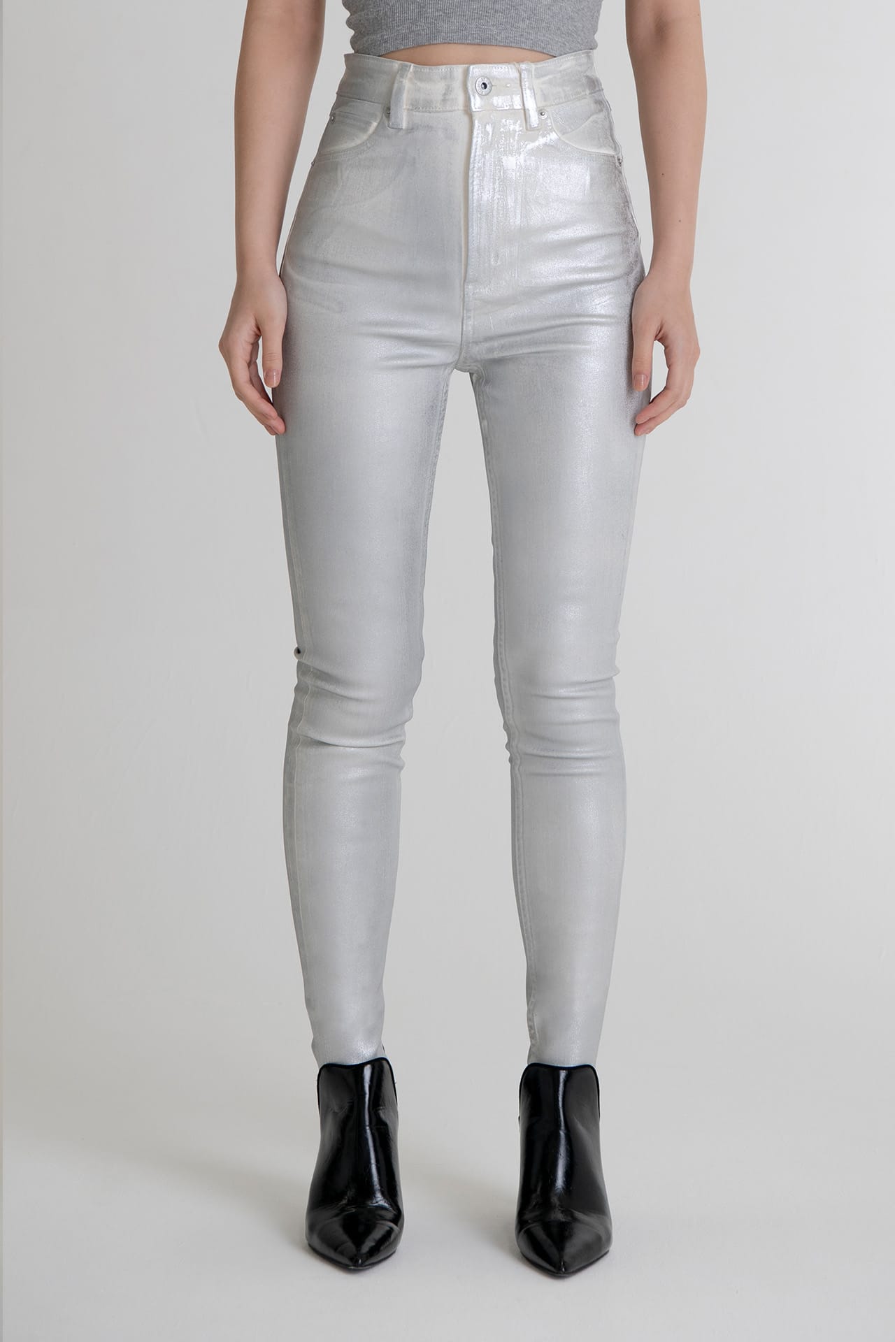 Coated High Rise Skinny Metallic White