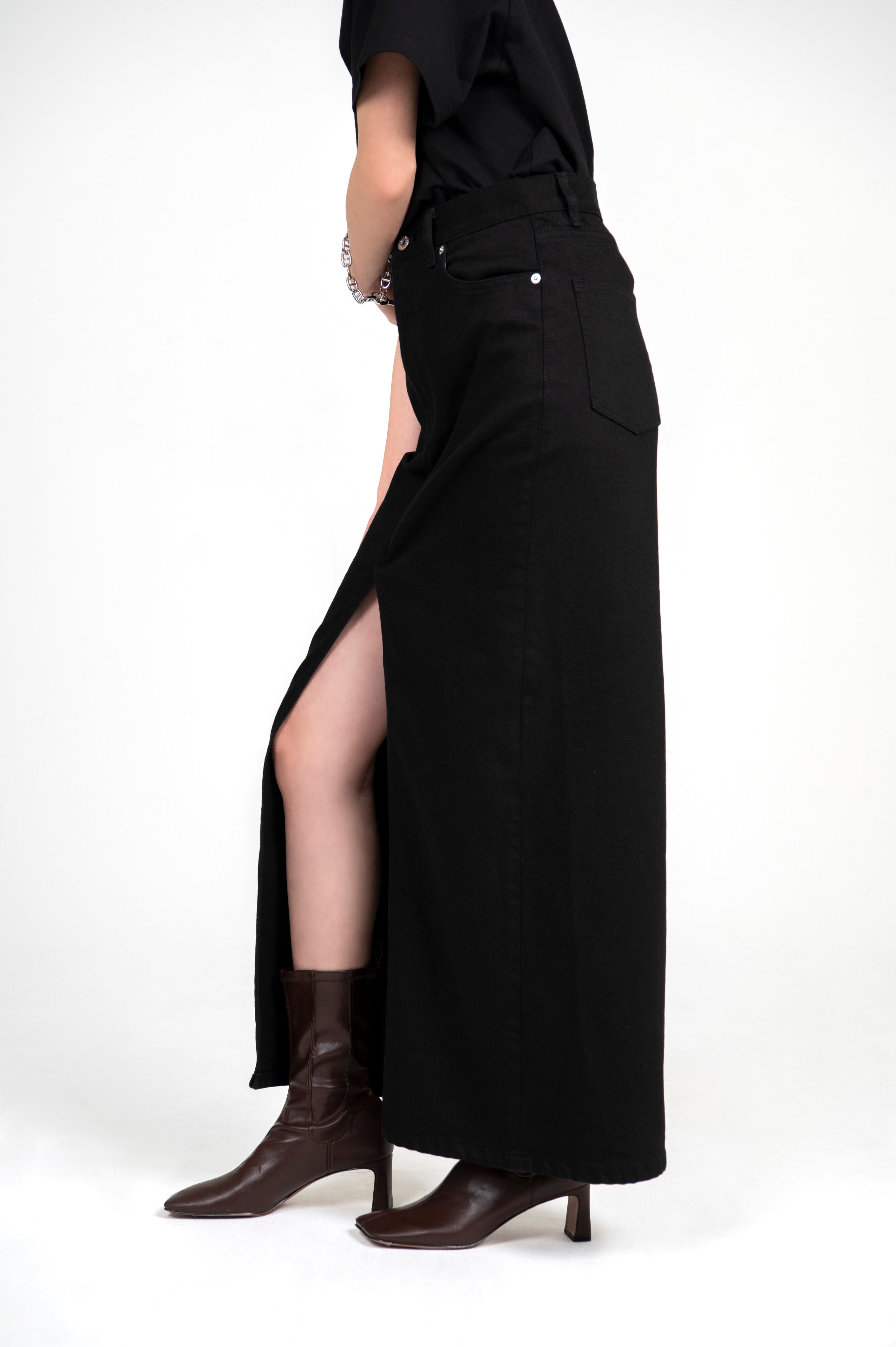 Stretch Denim Maxi Skirt Black