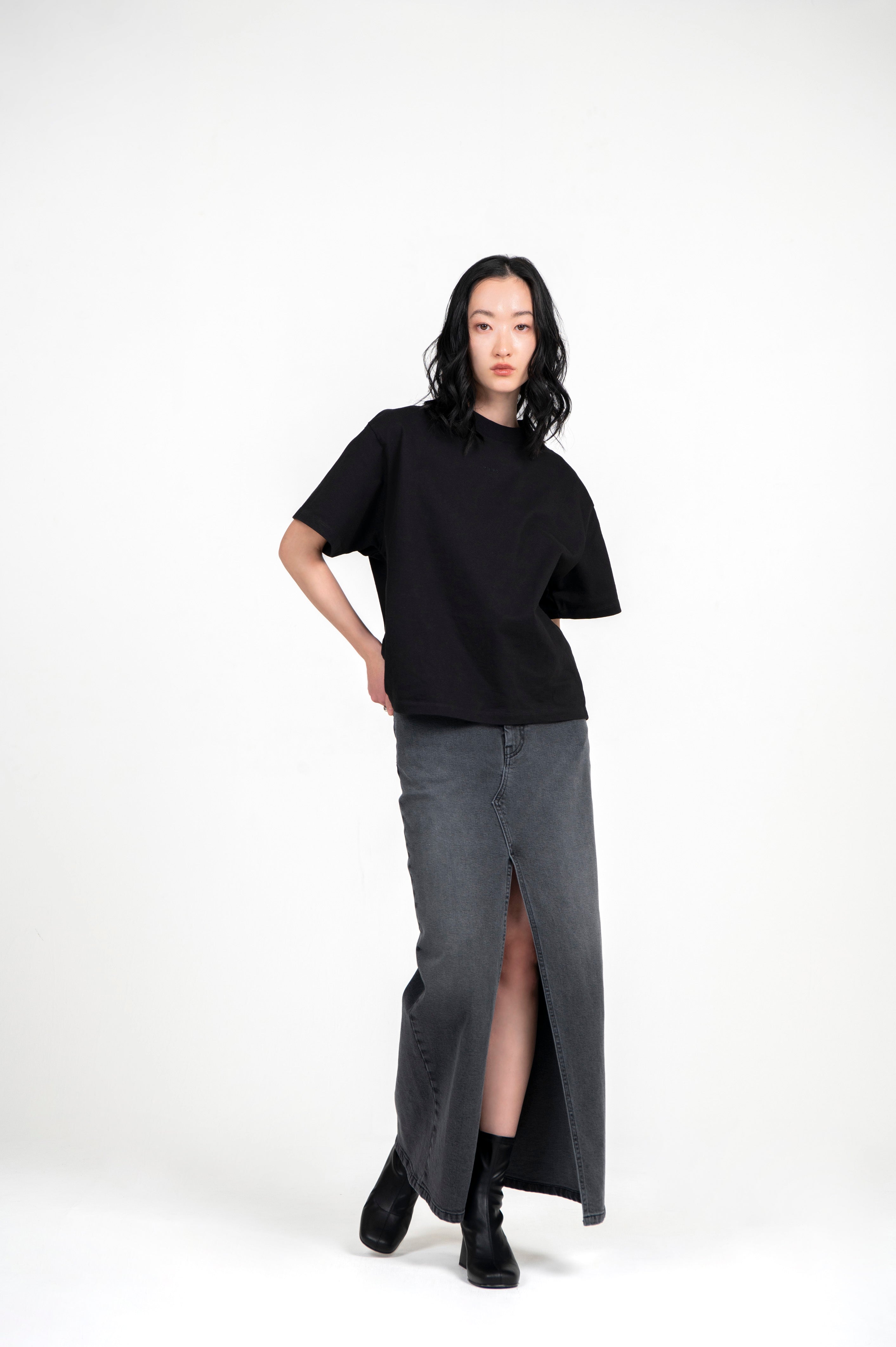 Stretch Denim Maxi Skirt Charcoal