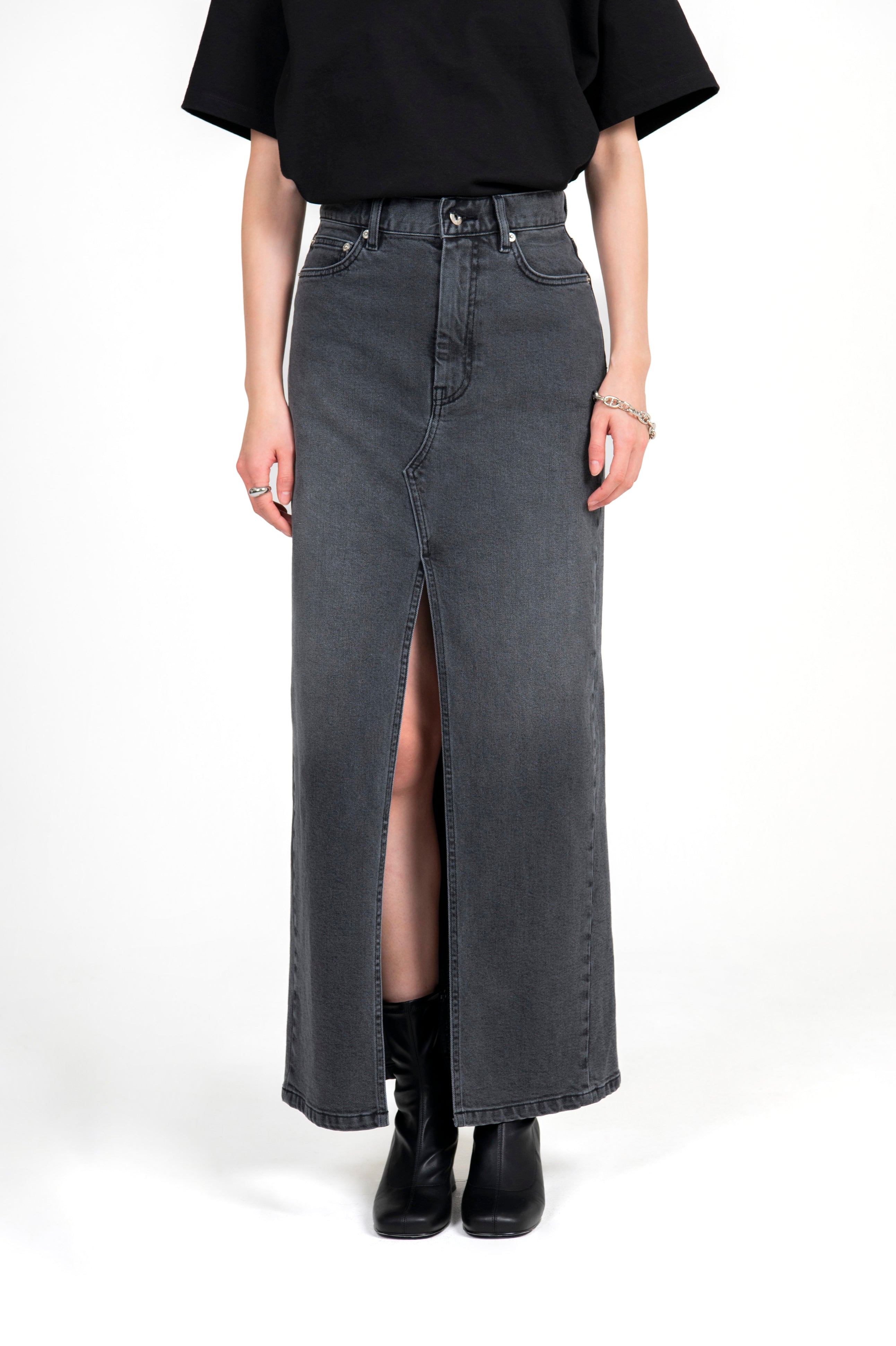 Stretch Denim Maxi Skirt Charcoal