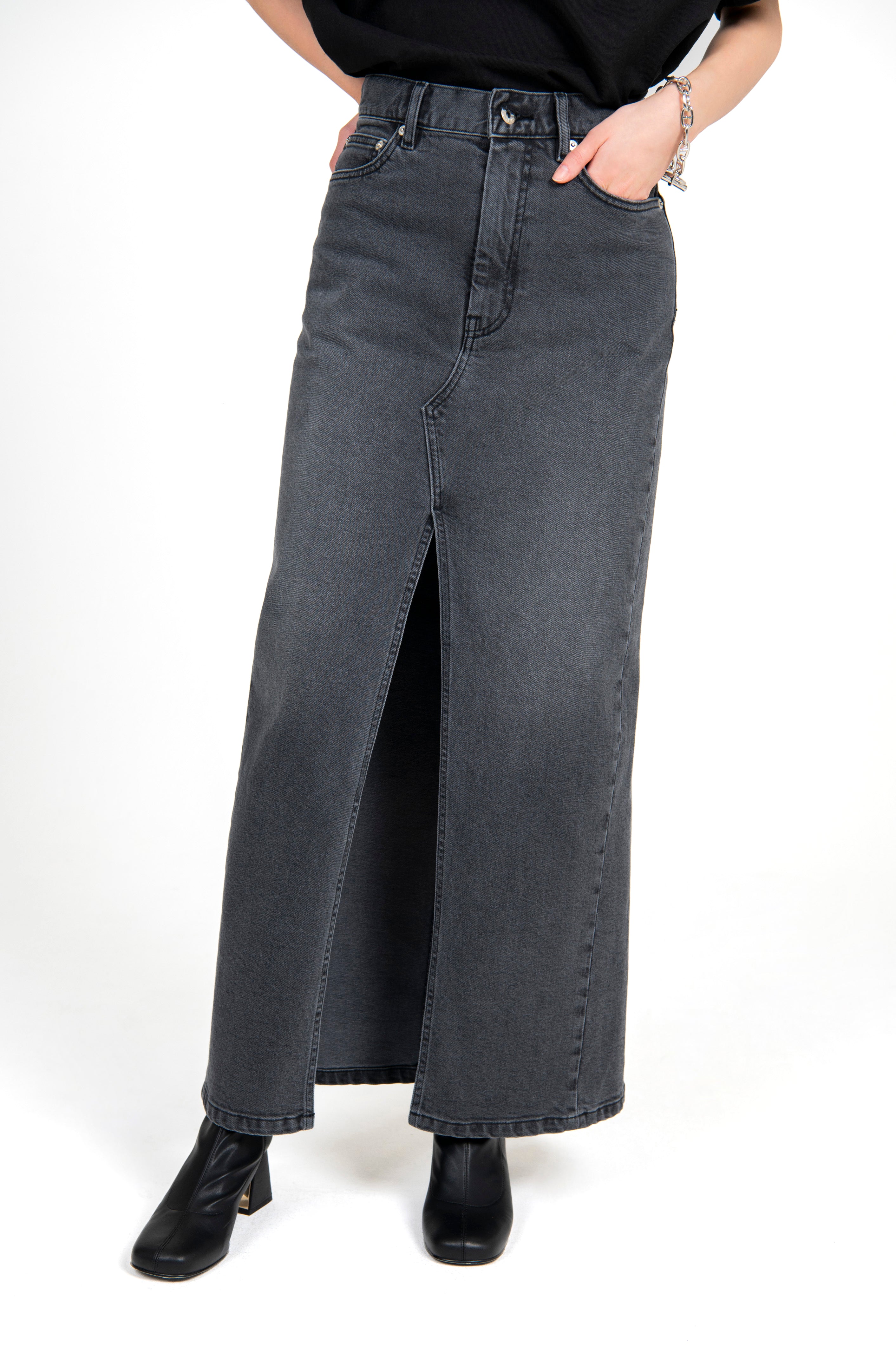 Stretch Denim Maxi Skirt Charcoal