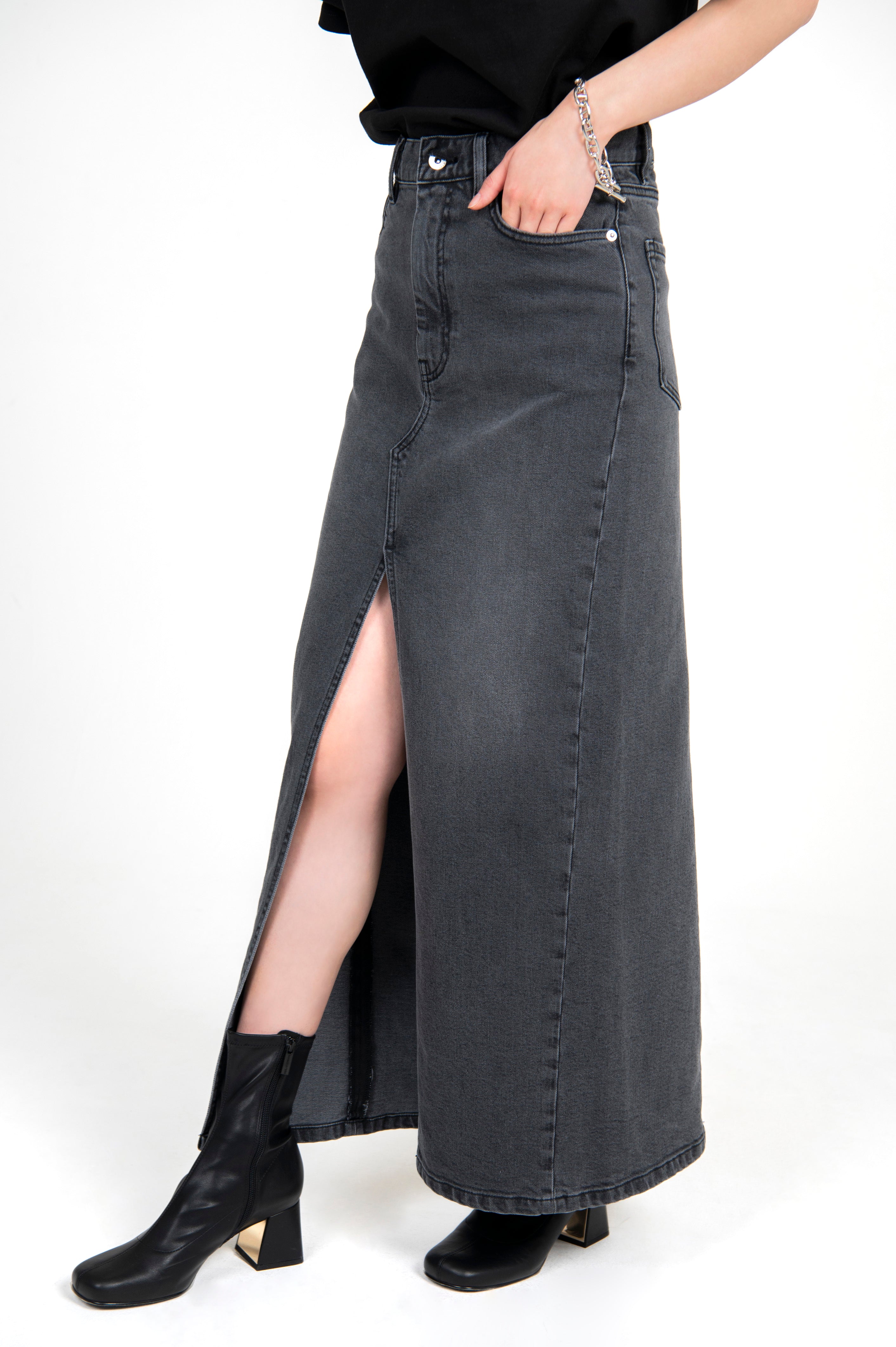 Stretch Denim Maxi Skirt Charcoal