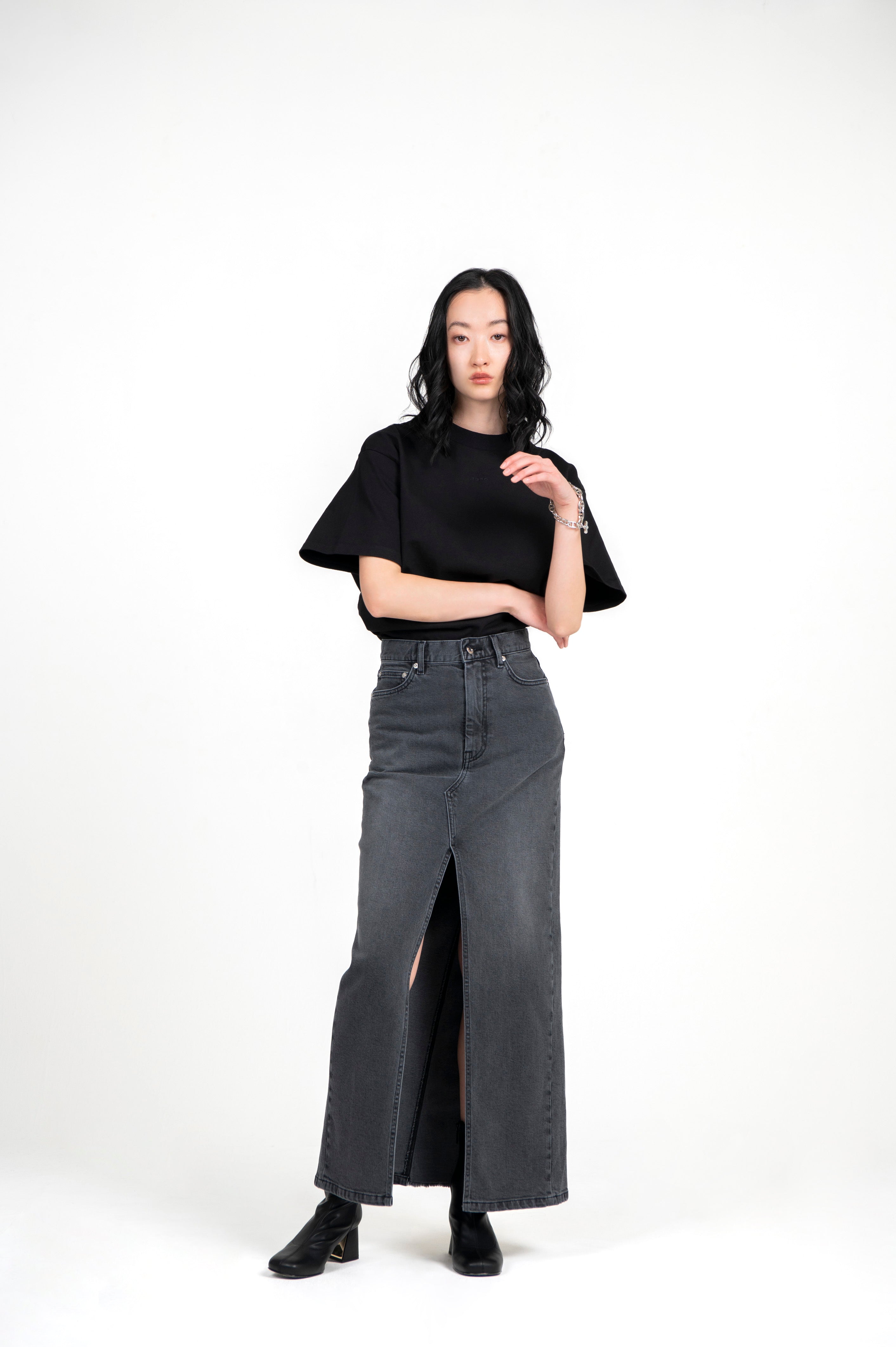 Stretch Denim Maxi Skirt Charcoal