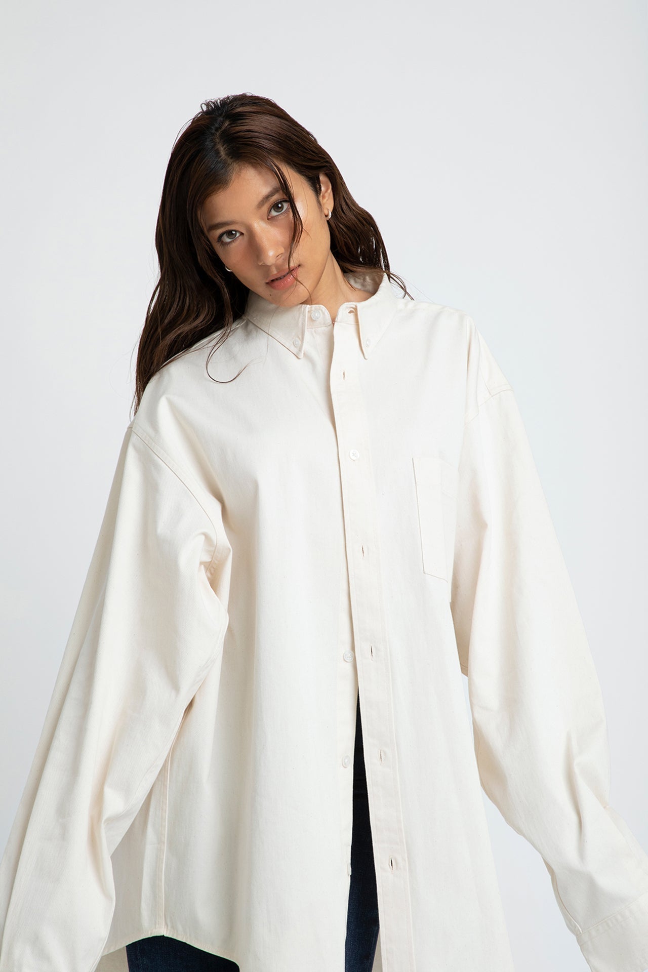 Oversized Shirt - Ecru Model full front