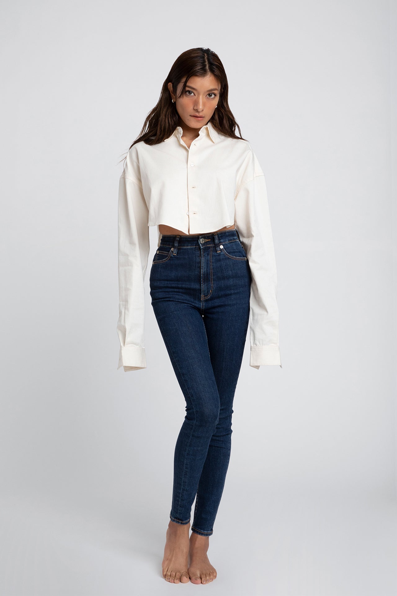 Cropped Shirt - Ecru Model full front