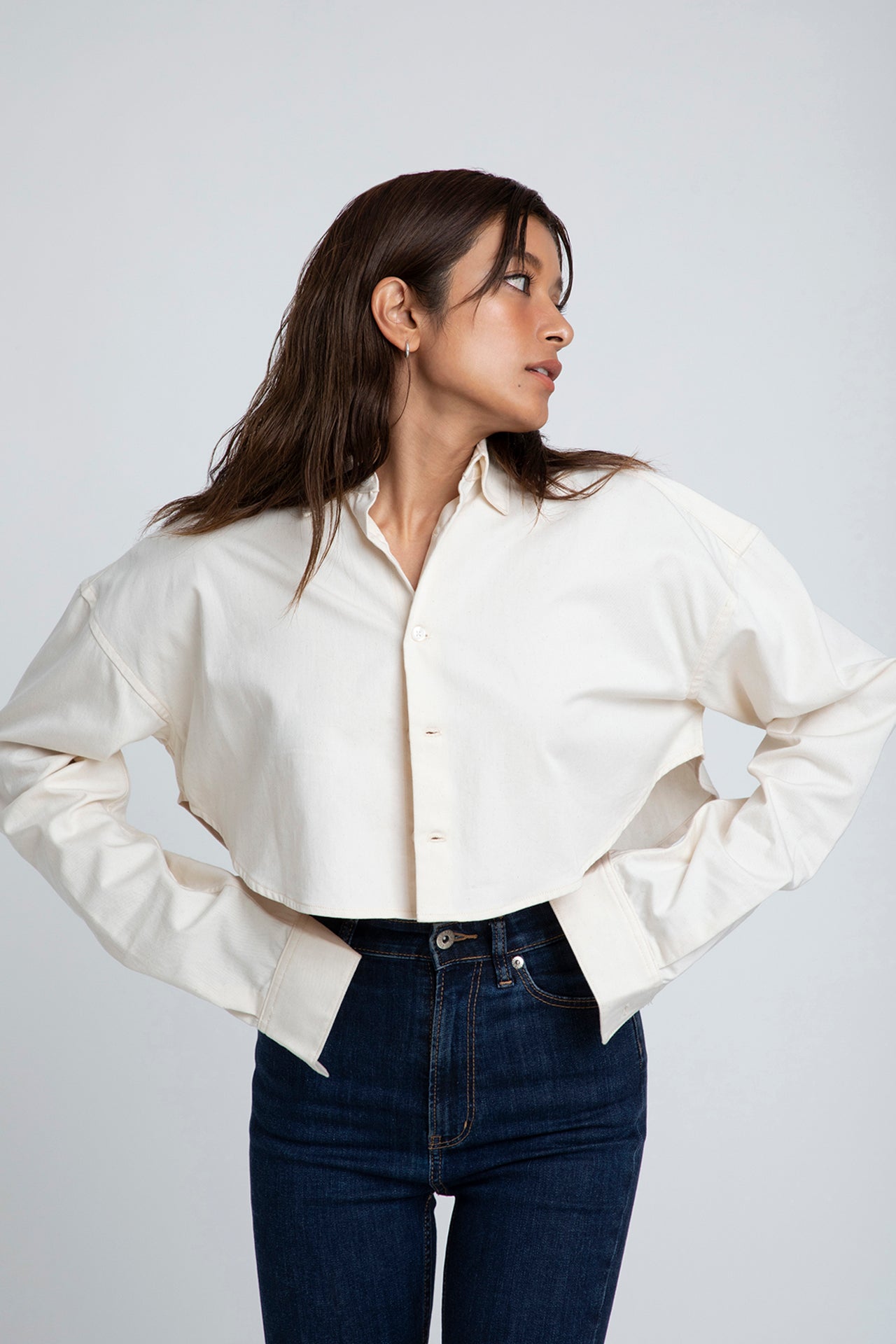 Cropped Shirt - Ecru Model front close up