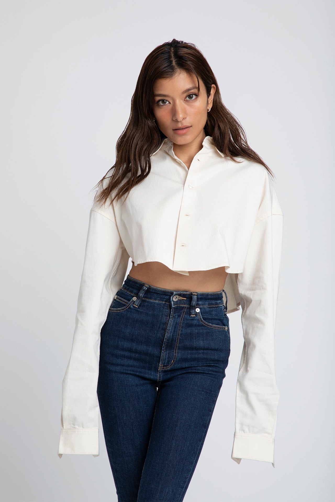 Cropped Shirt - Ecru Model full front 1