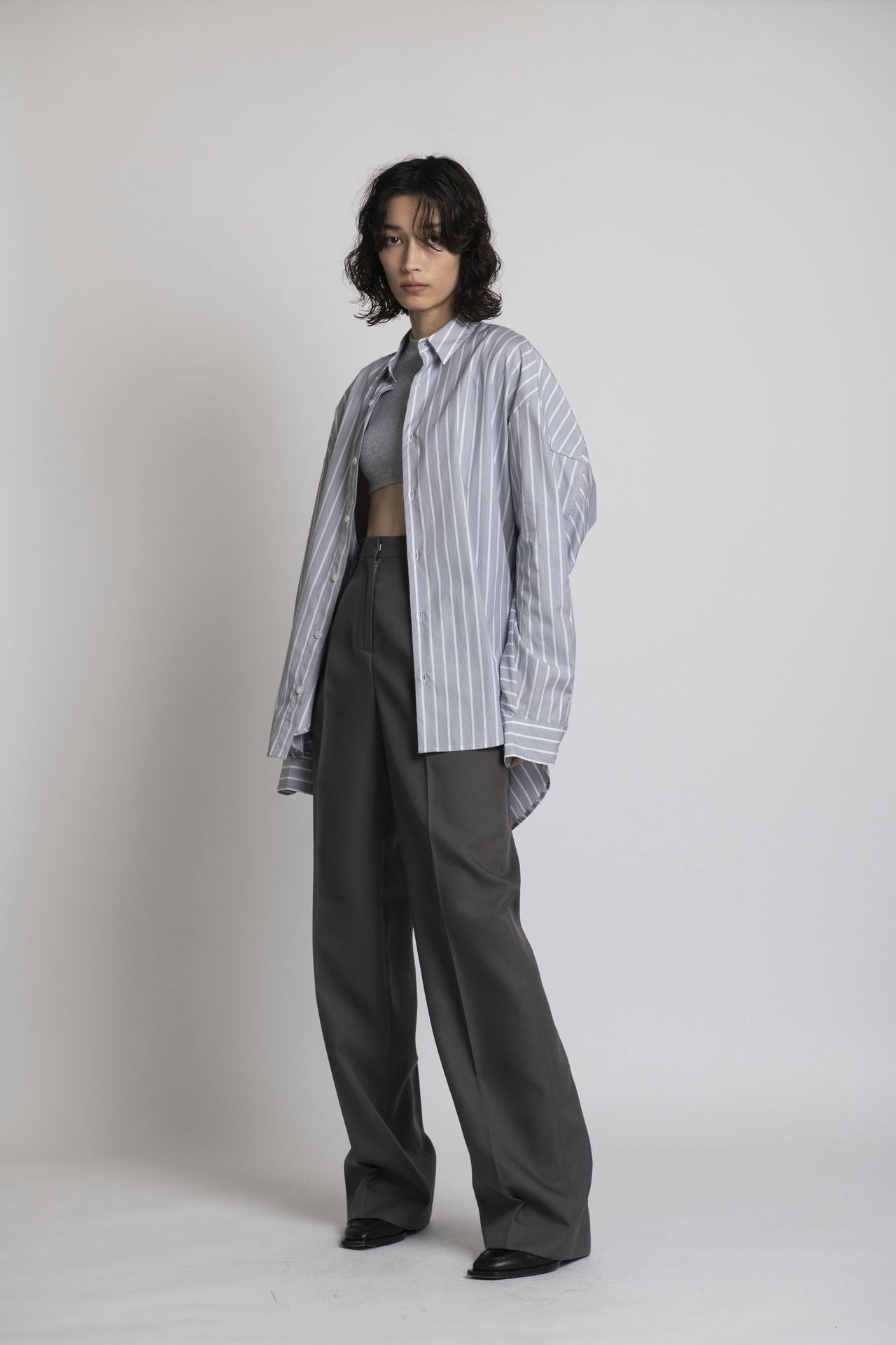 Boyfriend Shirt - Grey Stripe Model Front