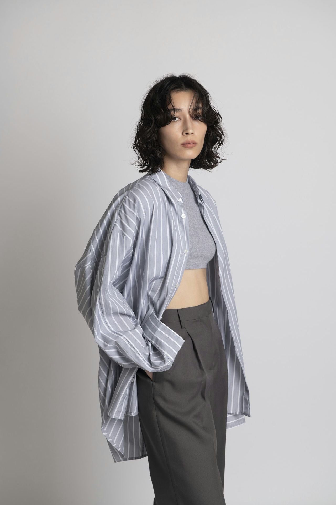 Boyfriend Shirt - Grey Stripe Model Side