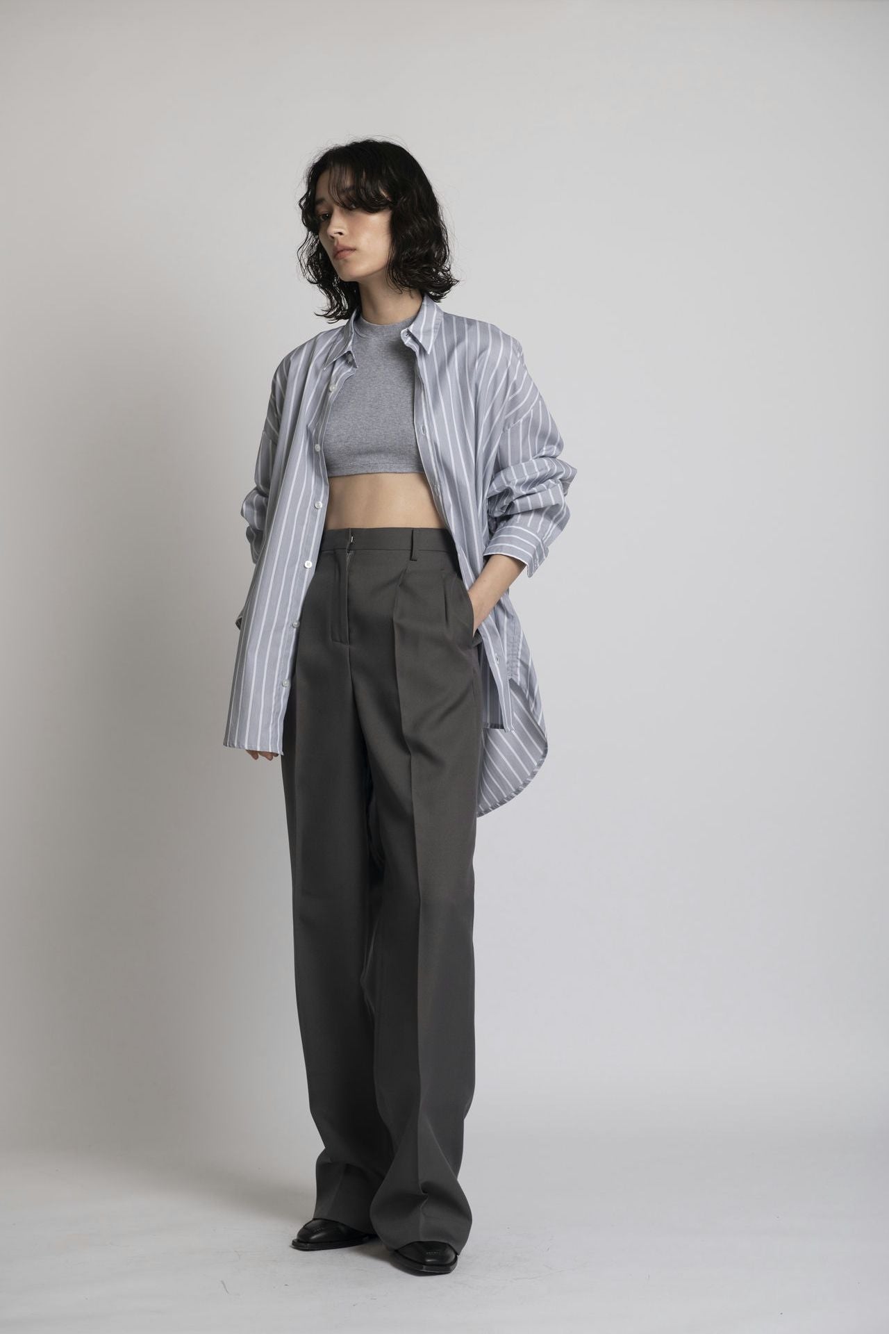 Boyfriend Shirt - Grey Stripe Model Front 1