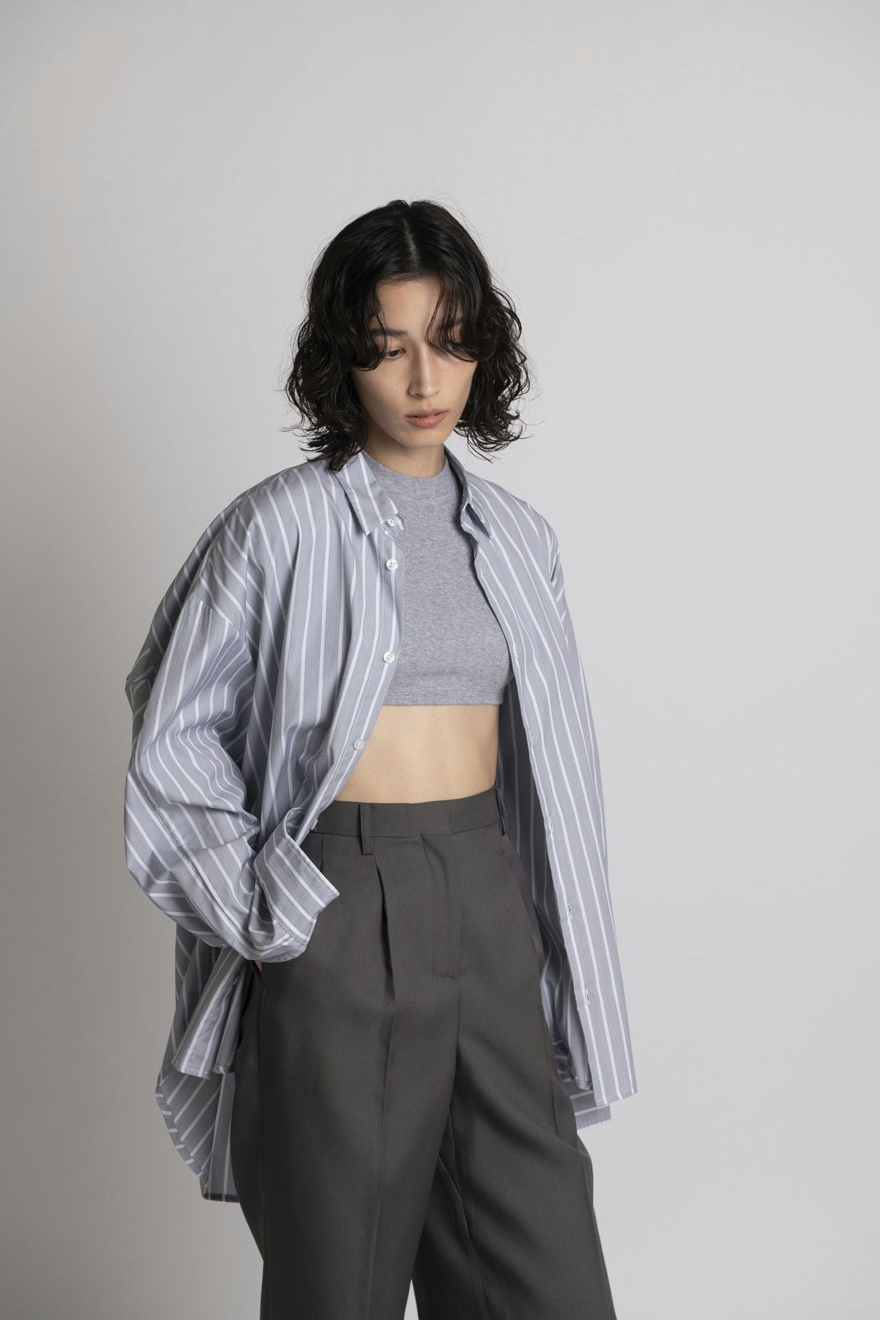 Boyfriend Shirt - Grey Stripe Model Front 2
