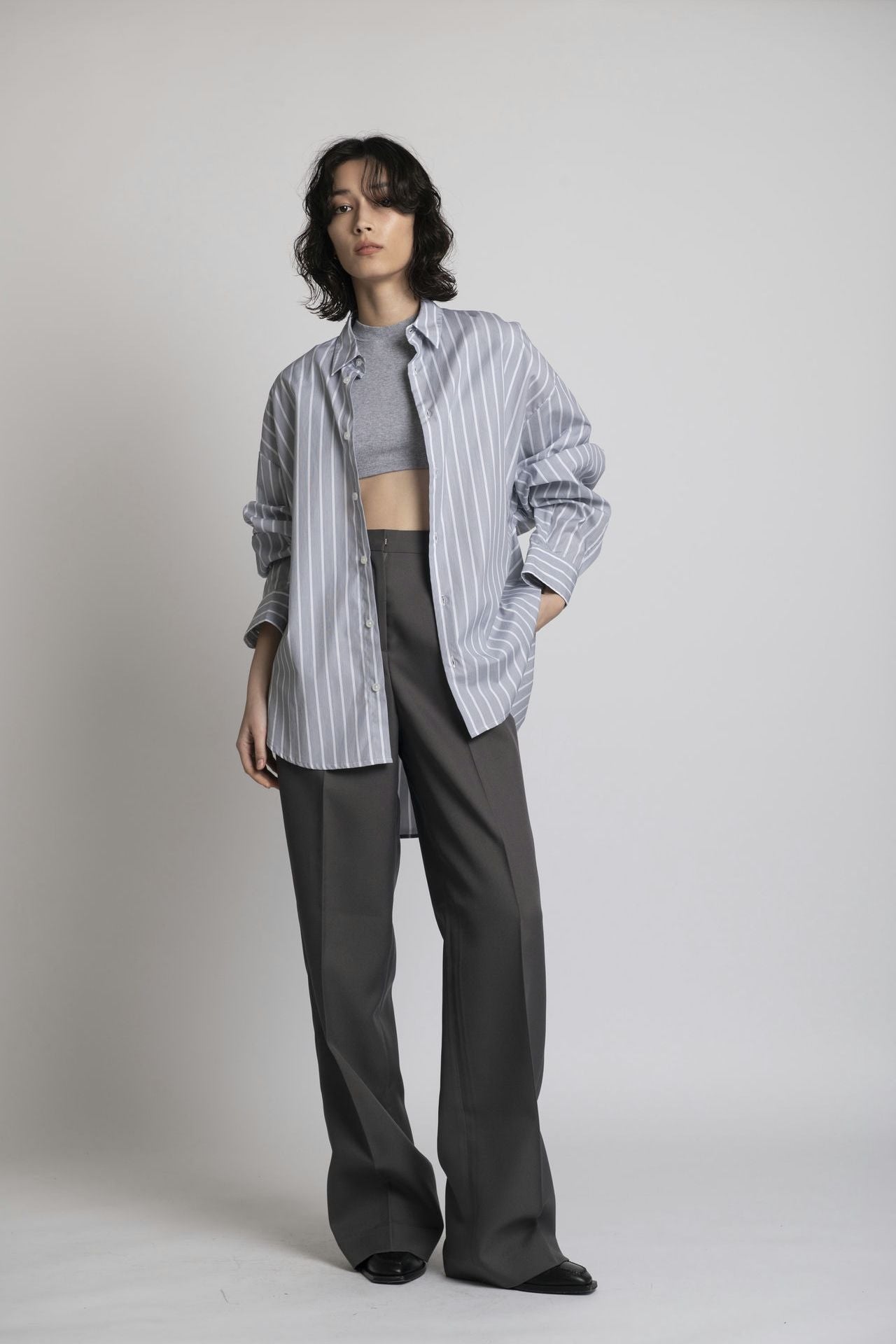 Boyfriend Shirt - Grey Stripe Model Front 3