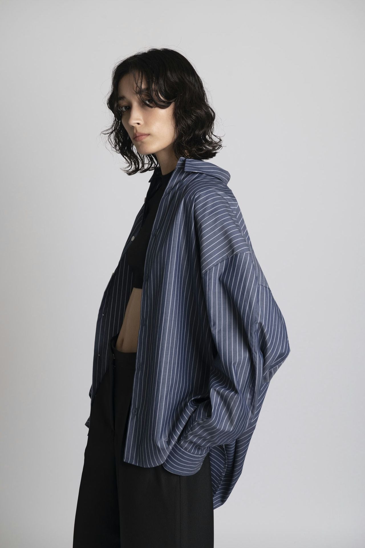 Boyfriend Shirt - Navy Stripe Model Side