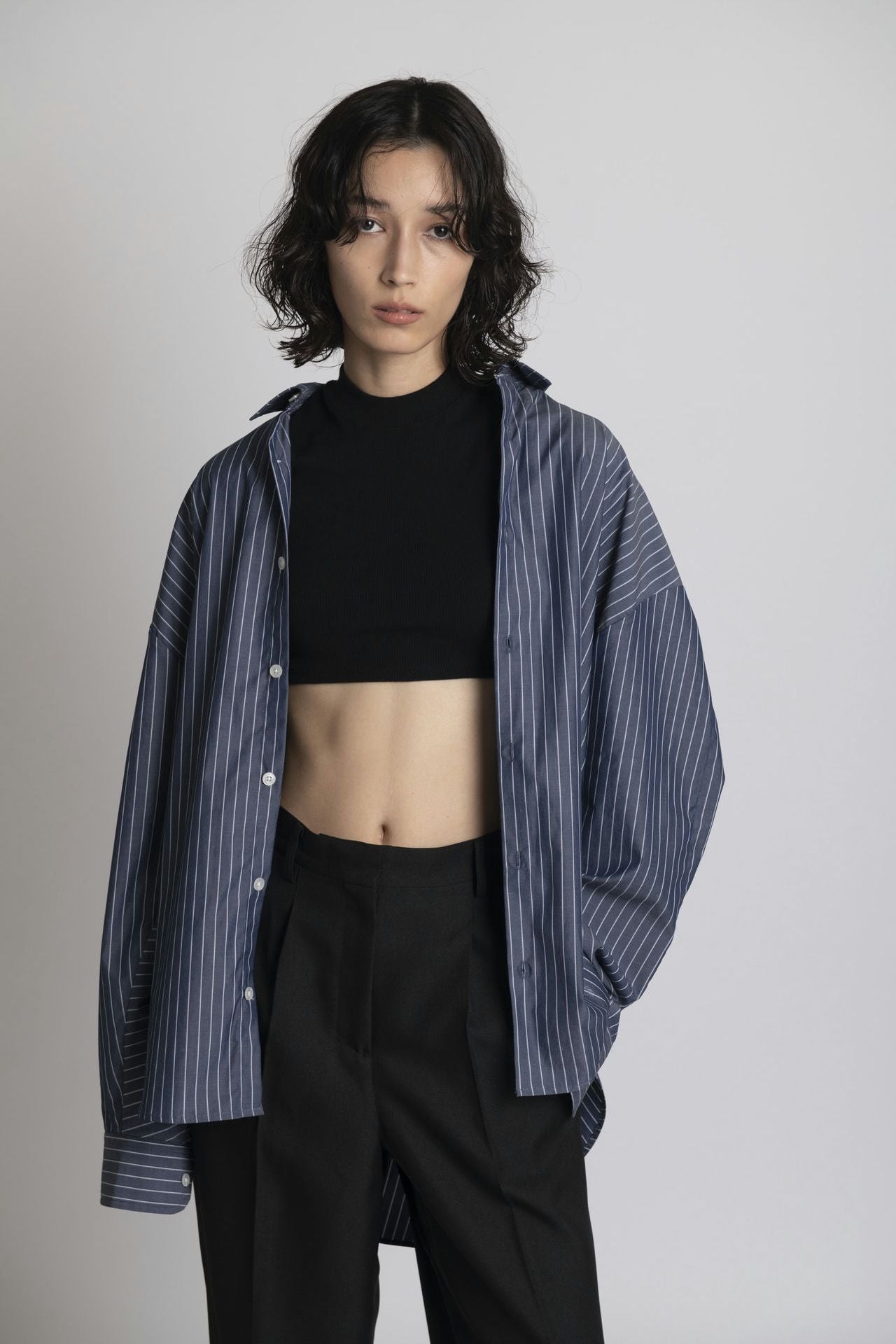 Boyfriend Shirt - Navy Stripe Front close up