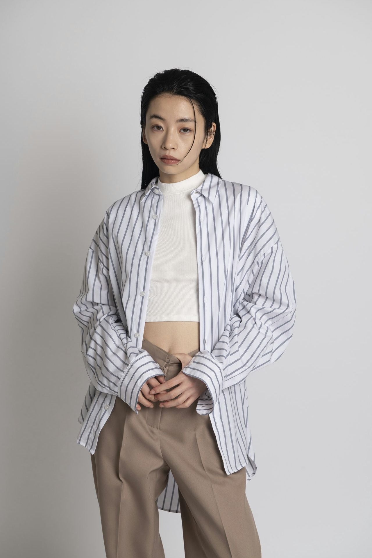 Boyfriend Shirt - White Stripe Model front close up