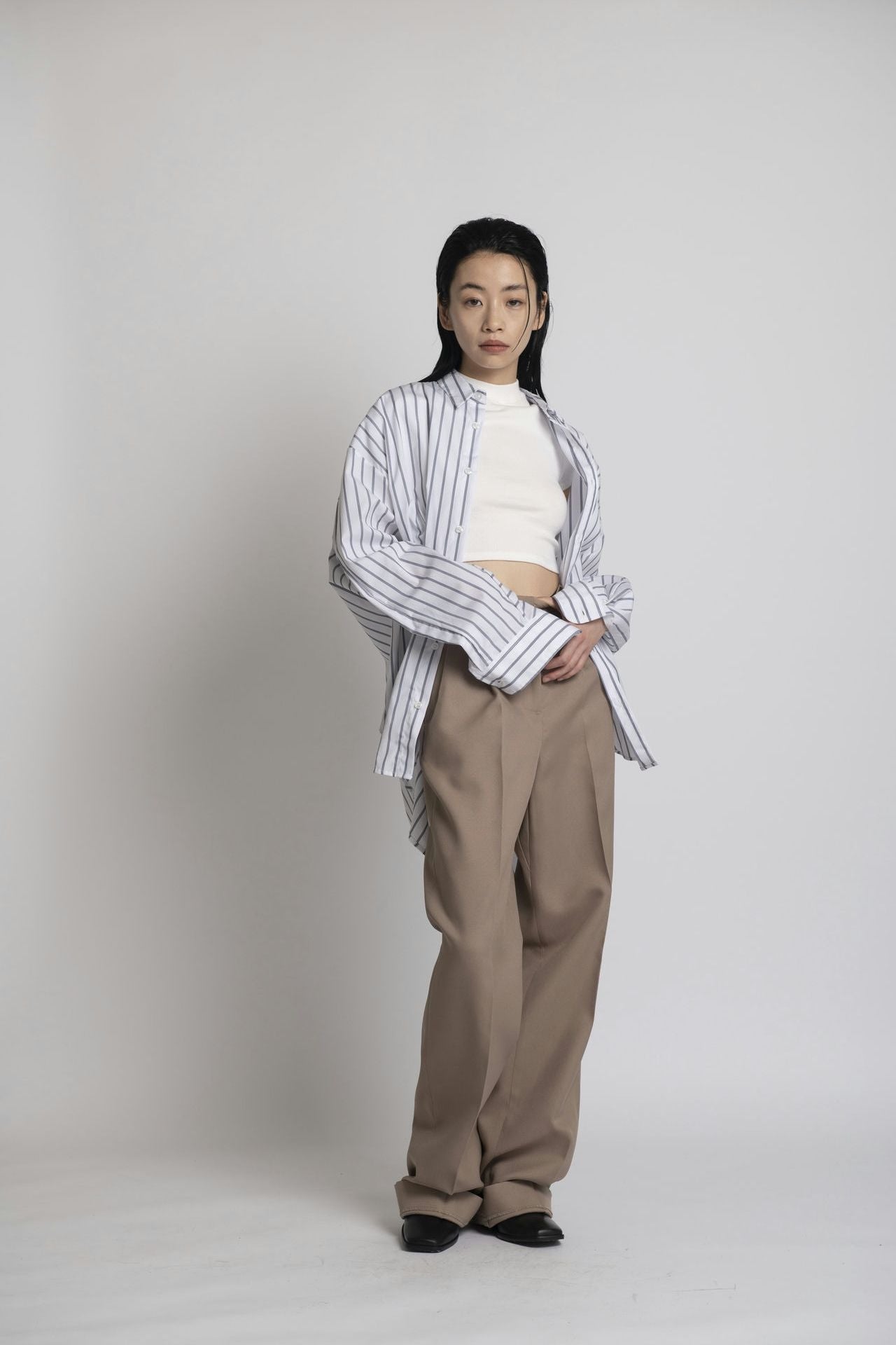 Boyfriend Shirt - White Stripe Model full front