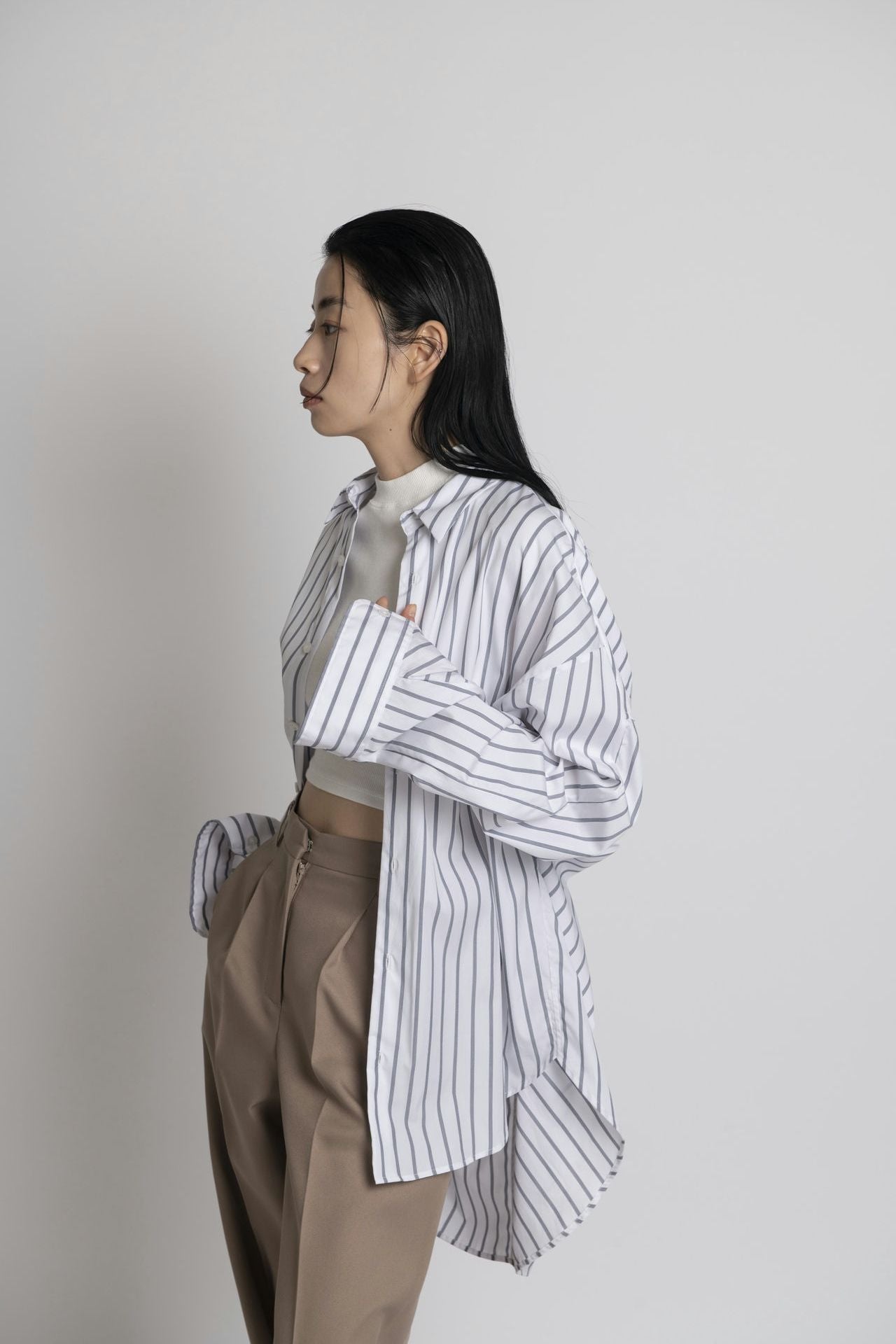 Boyfriend Shirt - White Stripe Model side