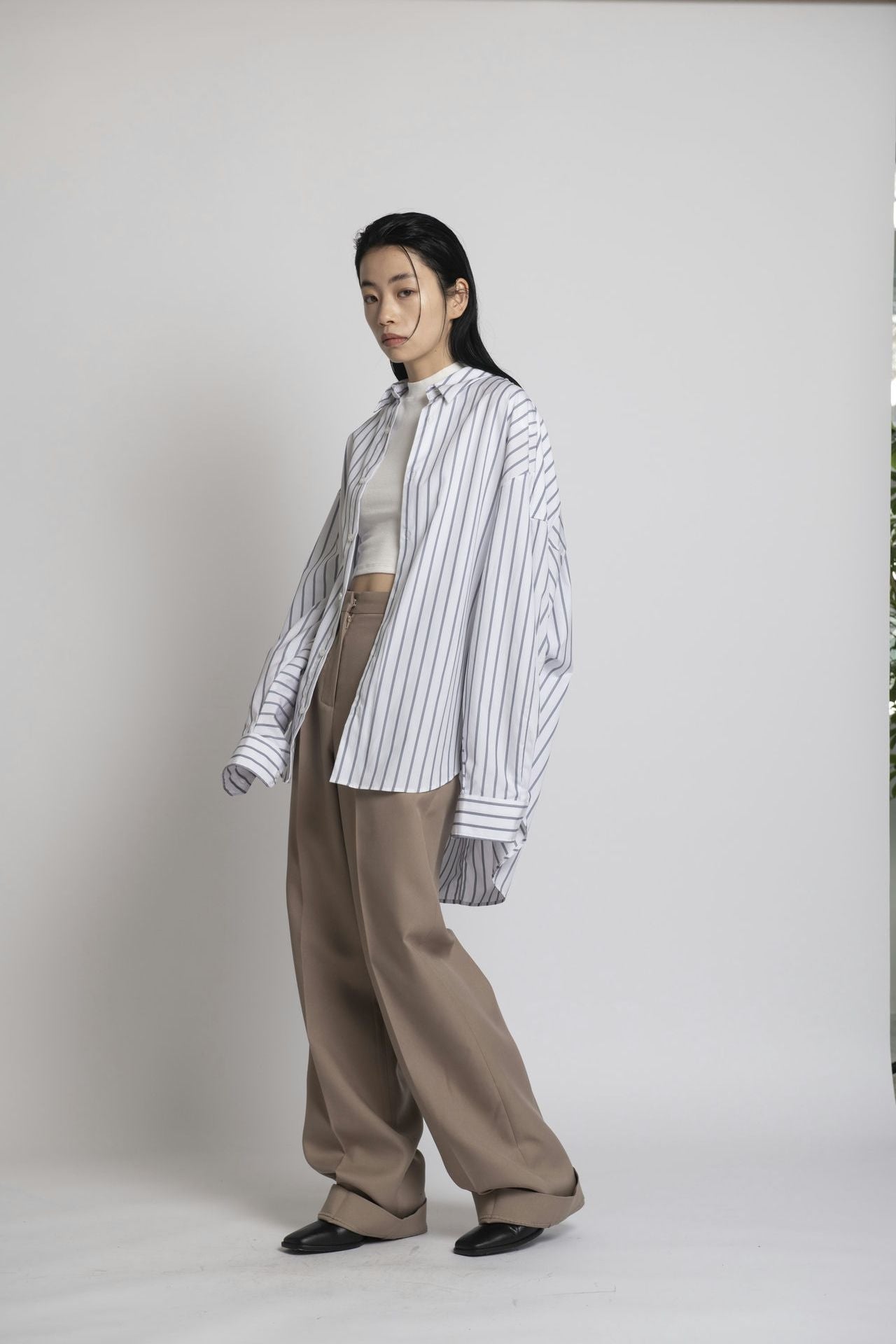 Boyfriend Shirt - White Stripe Model full side