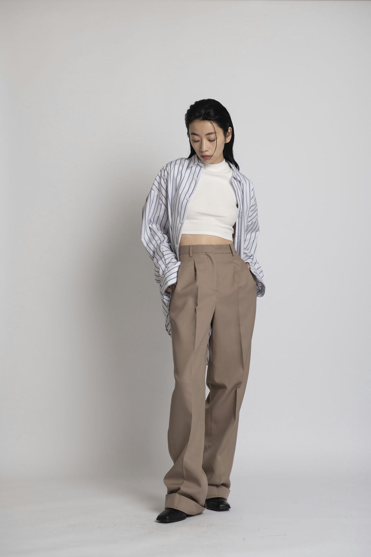 Boyfriend Shirt - White Stripe Model full front 1