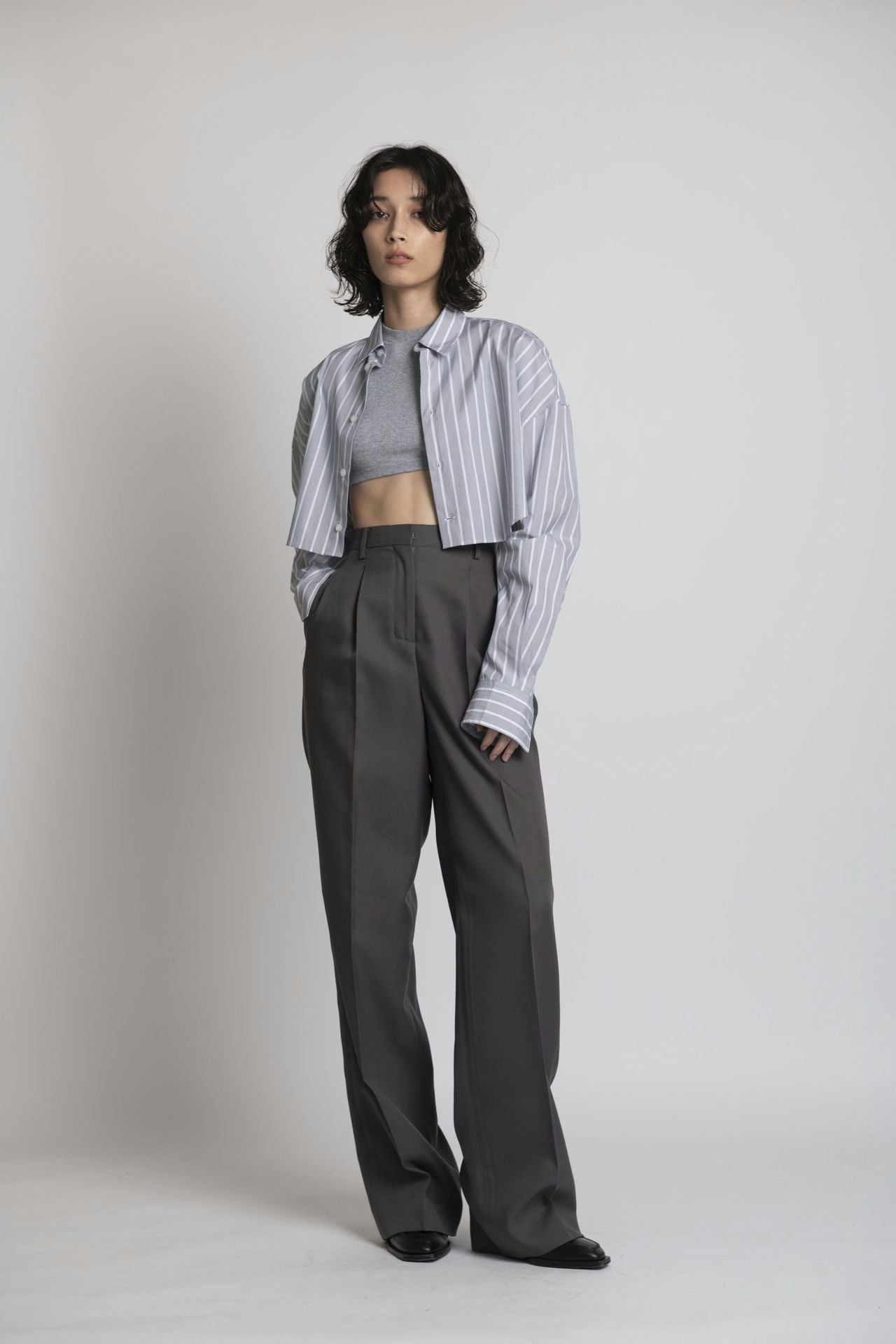 Cropped Shirt - Grey Stripe Model full front 2