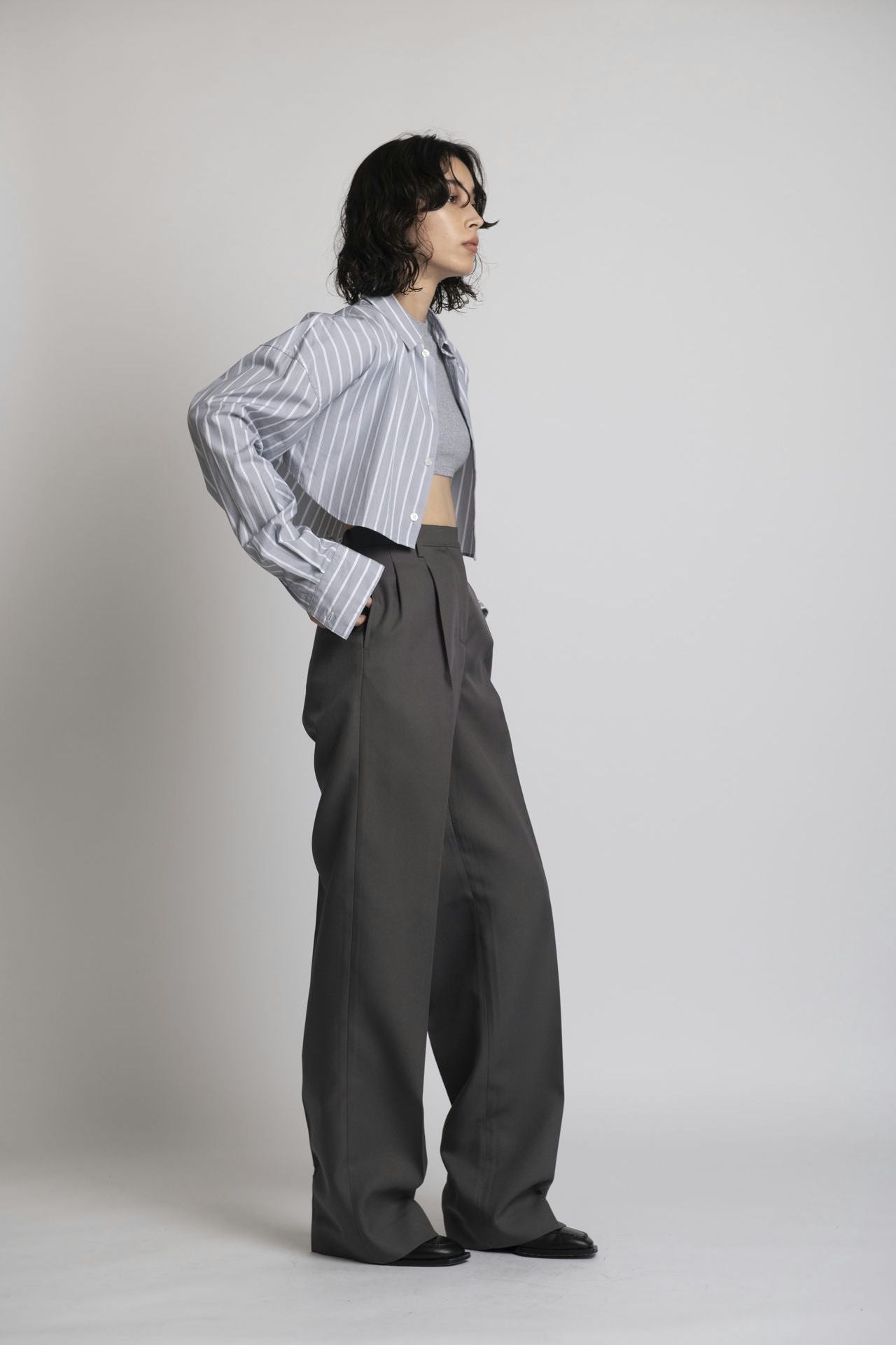Cropped Shirt - Grey Stripe Model full side