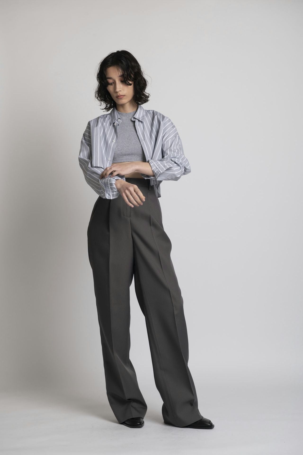 Cropped Shirt - Grey Stripe Model full front 1
