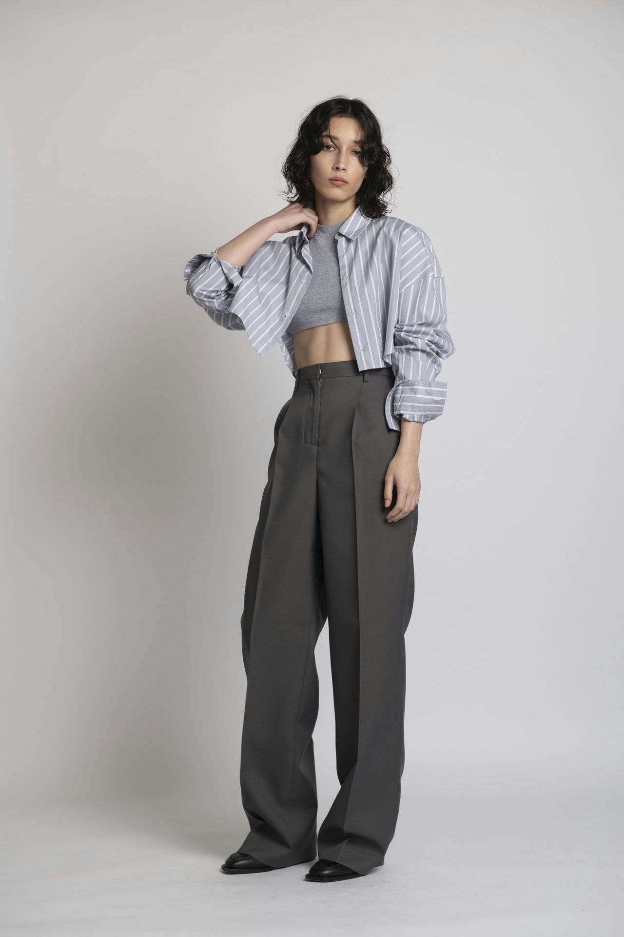 Cropped Shirt - Grey Stripe Model full front