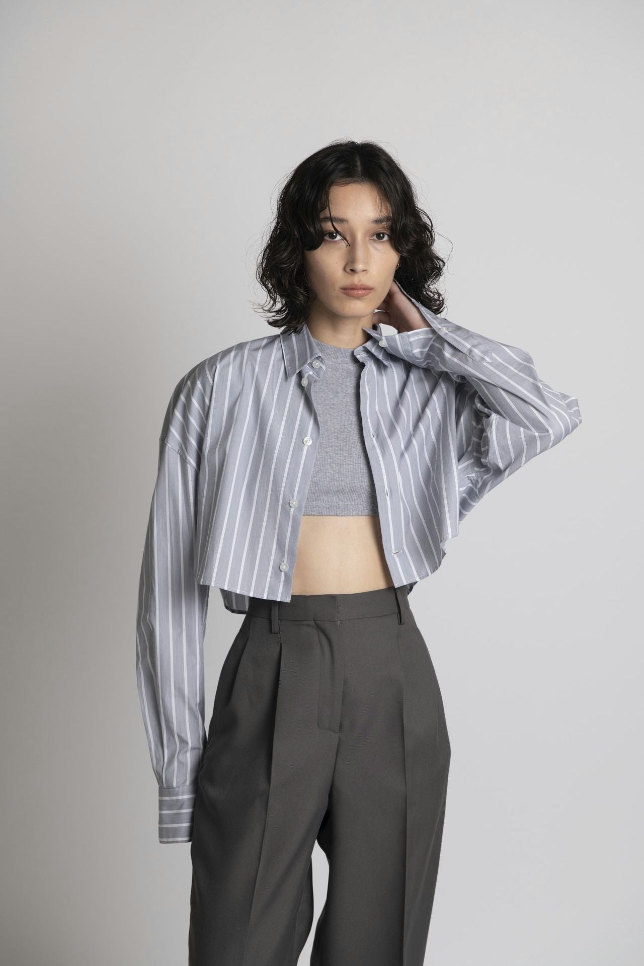Cropped Shirt - Grey Stripe Model front