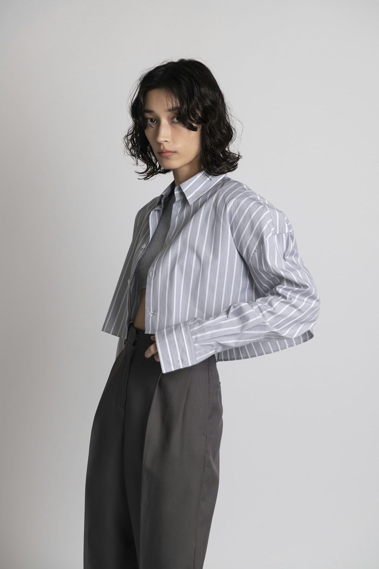 Cropped Shirt - Grey Stripe Model side close up