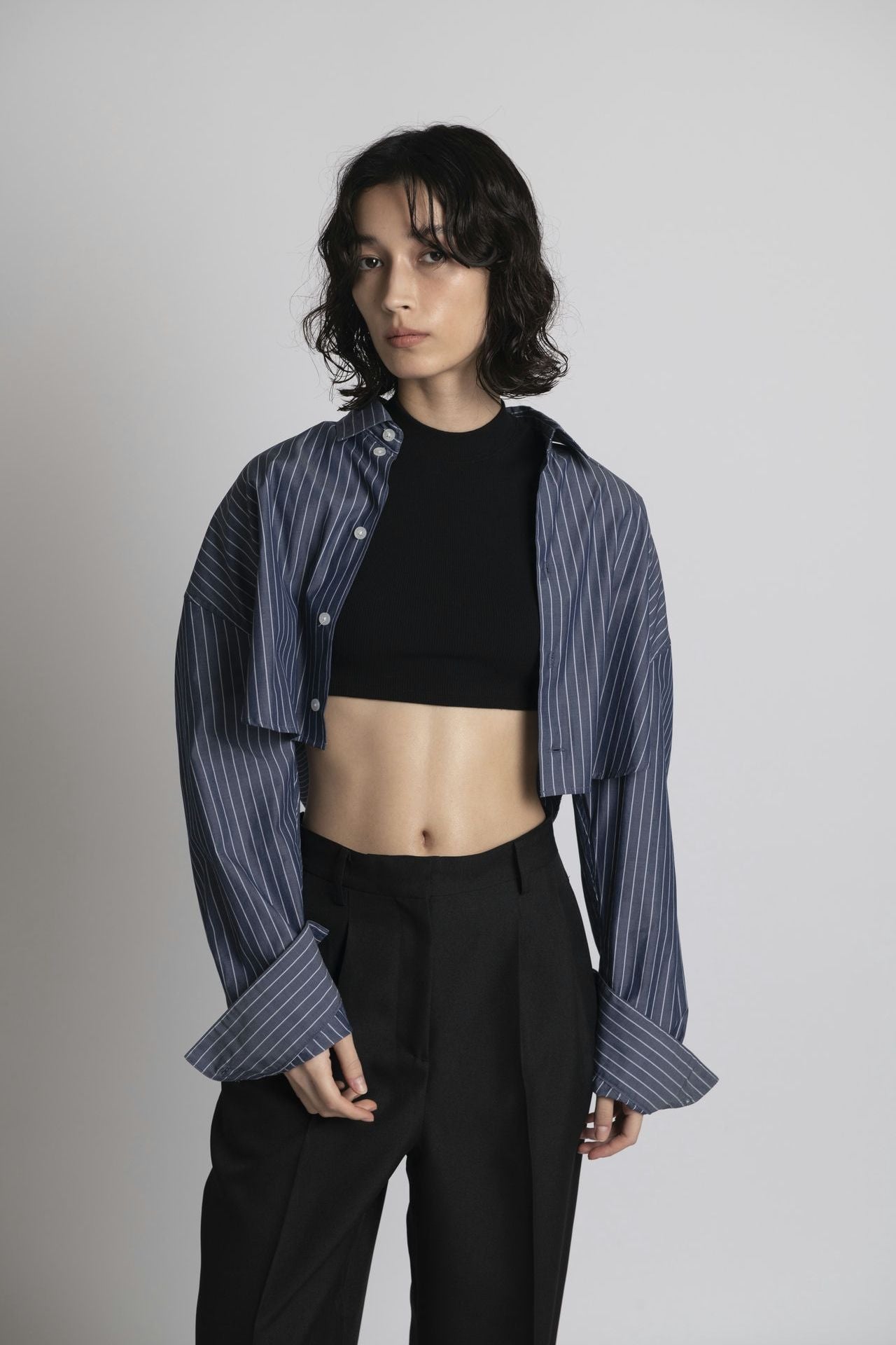 Cropped Shirt - Navy Stripe Model front close up