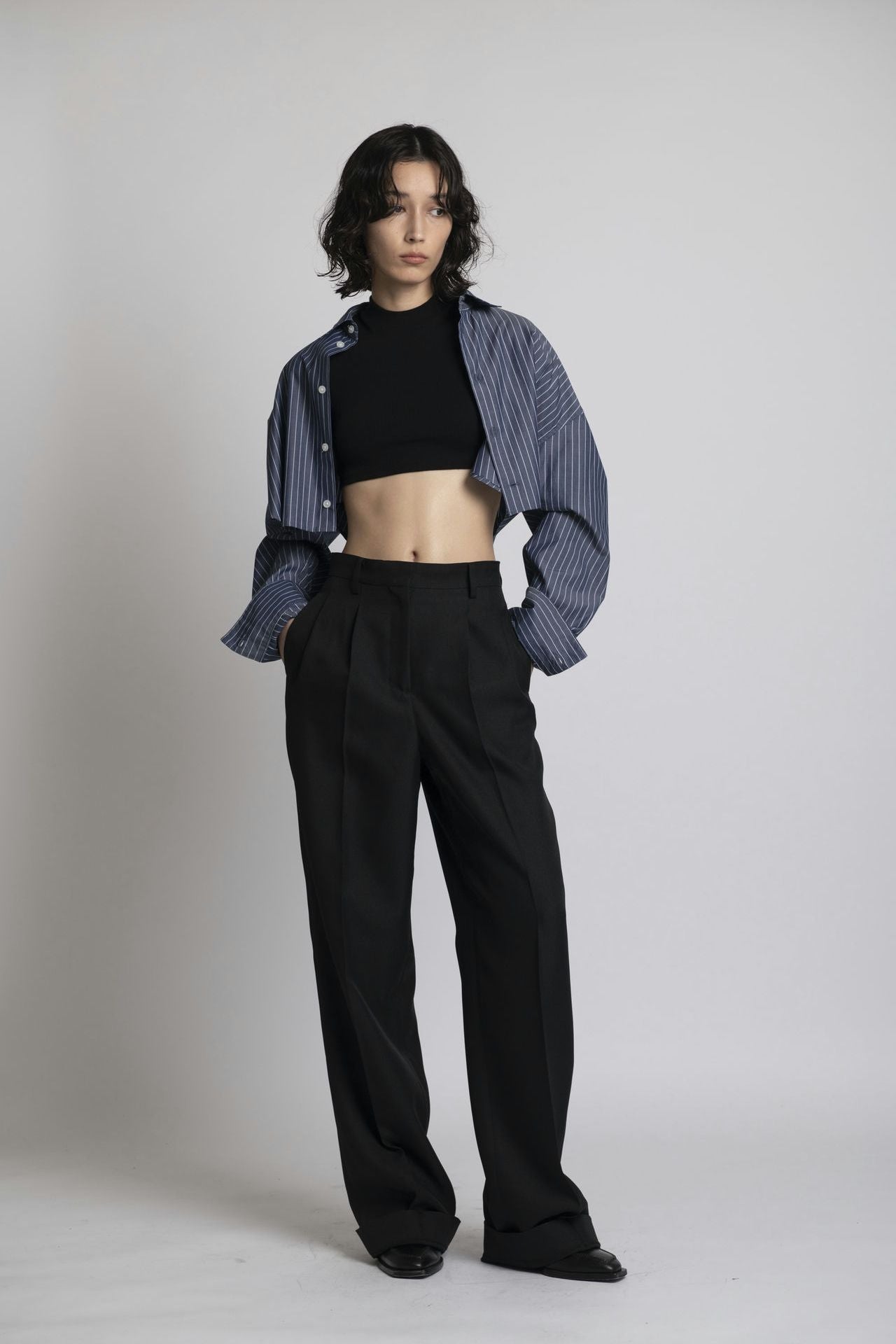 Cropped Shirt - Navy Stripe Model full front 1