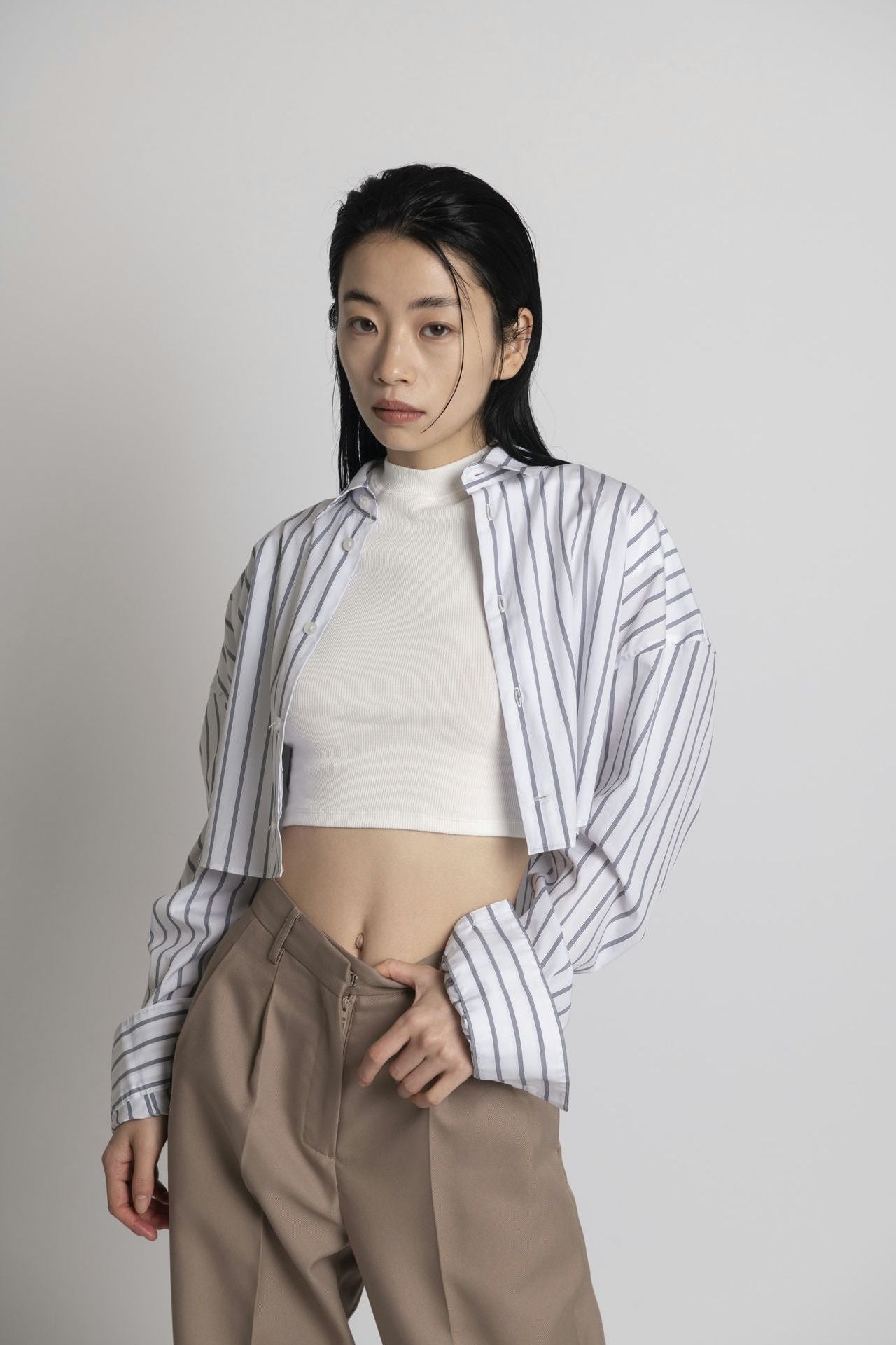 Cropped Shirt - White Stripe Model half front 1