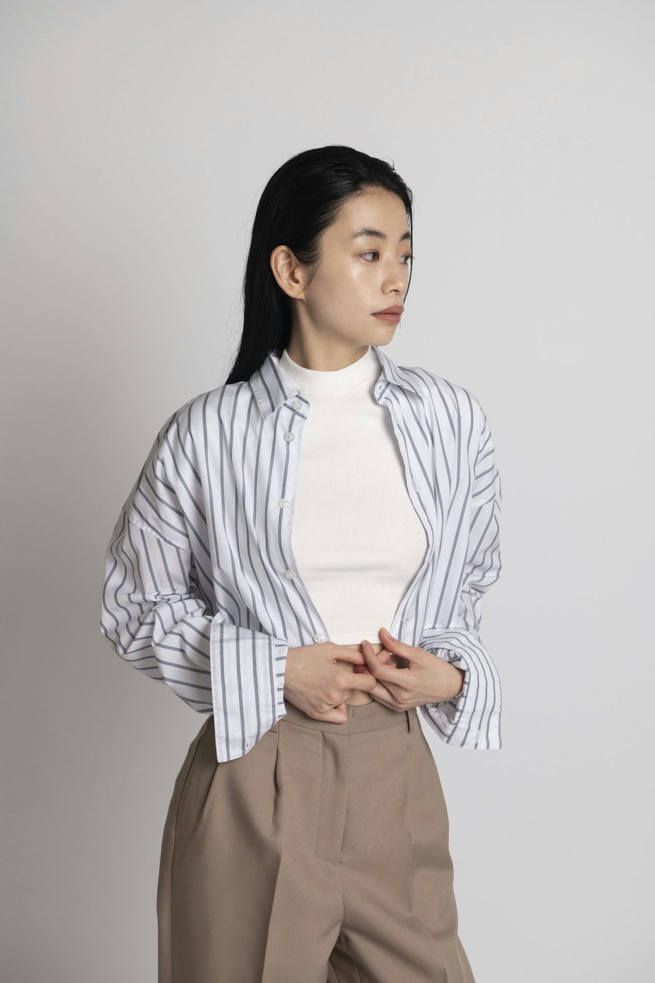 Cropped Shirt - White Stripe Model half front