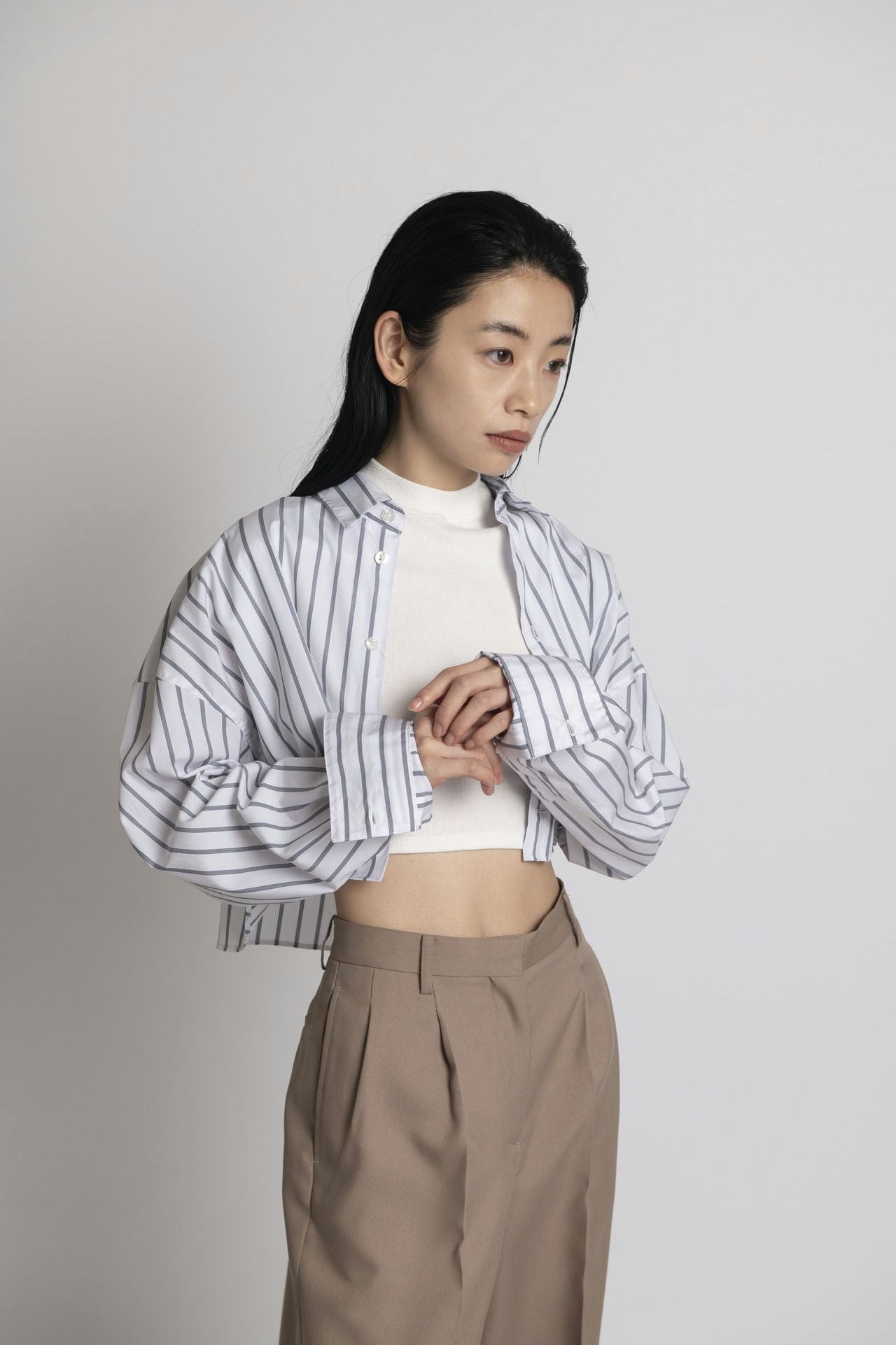 Cropped Shirt - White Stripe Model half front 2