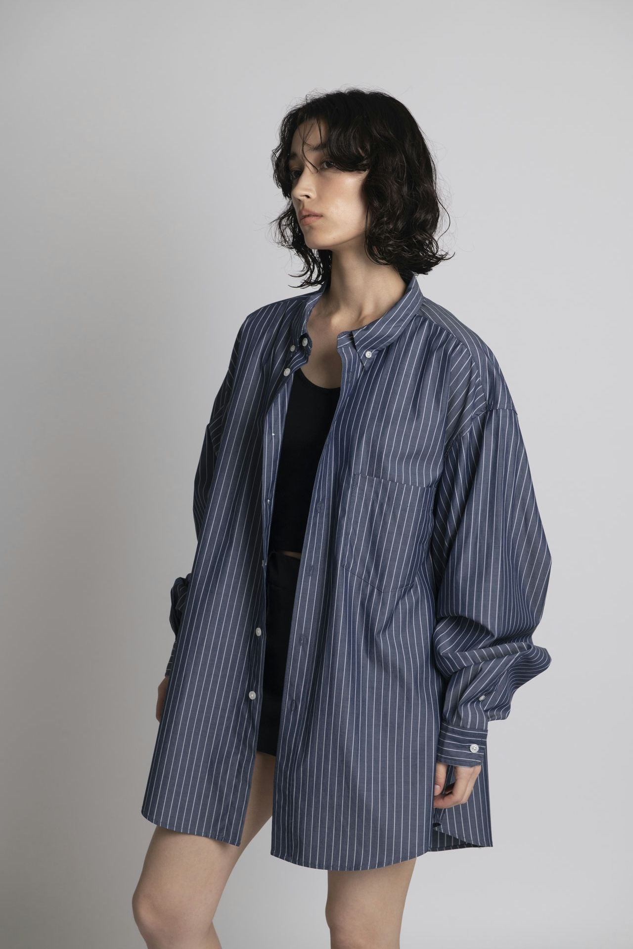 Oversized Shirt - Navy Stripe Model half front