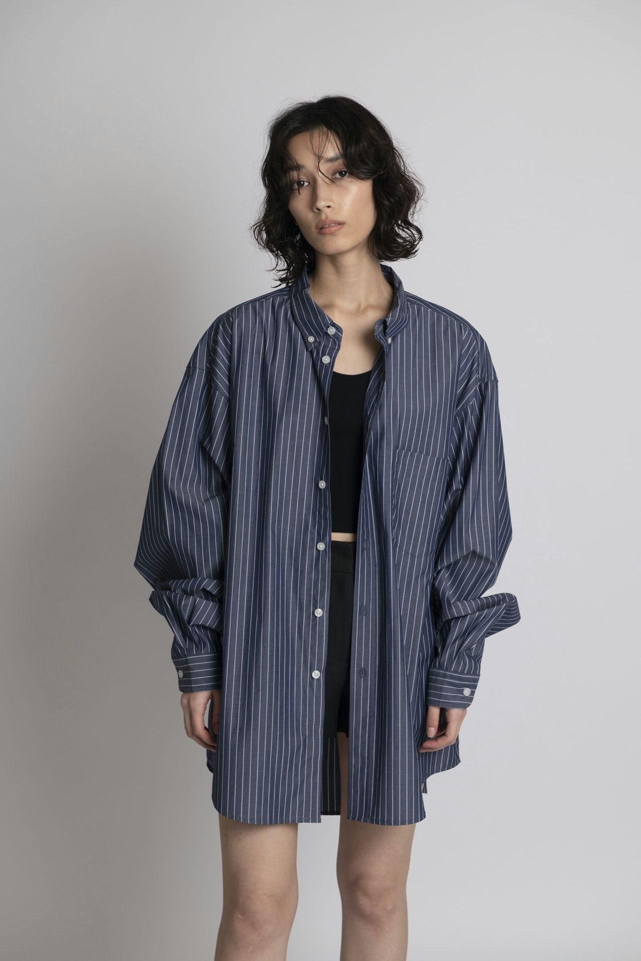 Oversized Shirt - Navy Stripe Model half front 1
