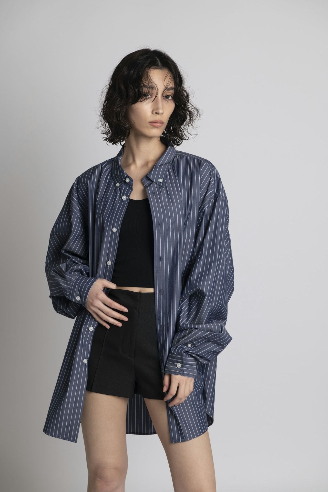 Oversized Shirt - Navy Stripe Model half front 1