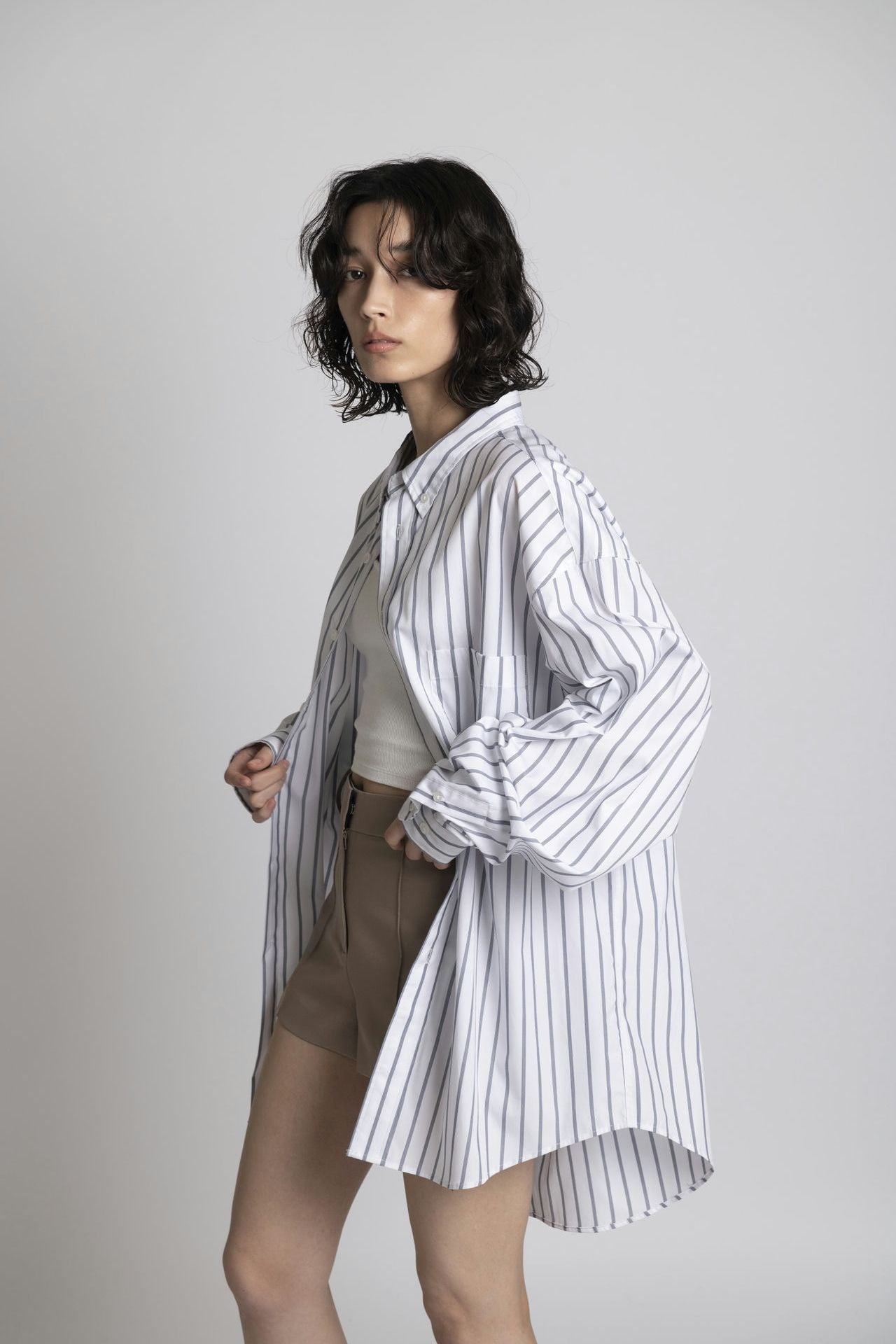 Oversized Shirt - White Stripe Model half side