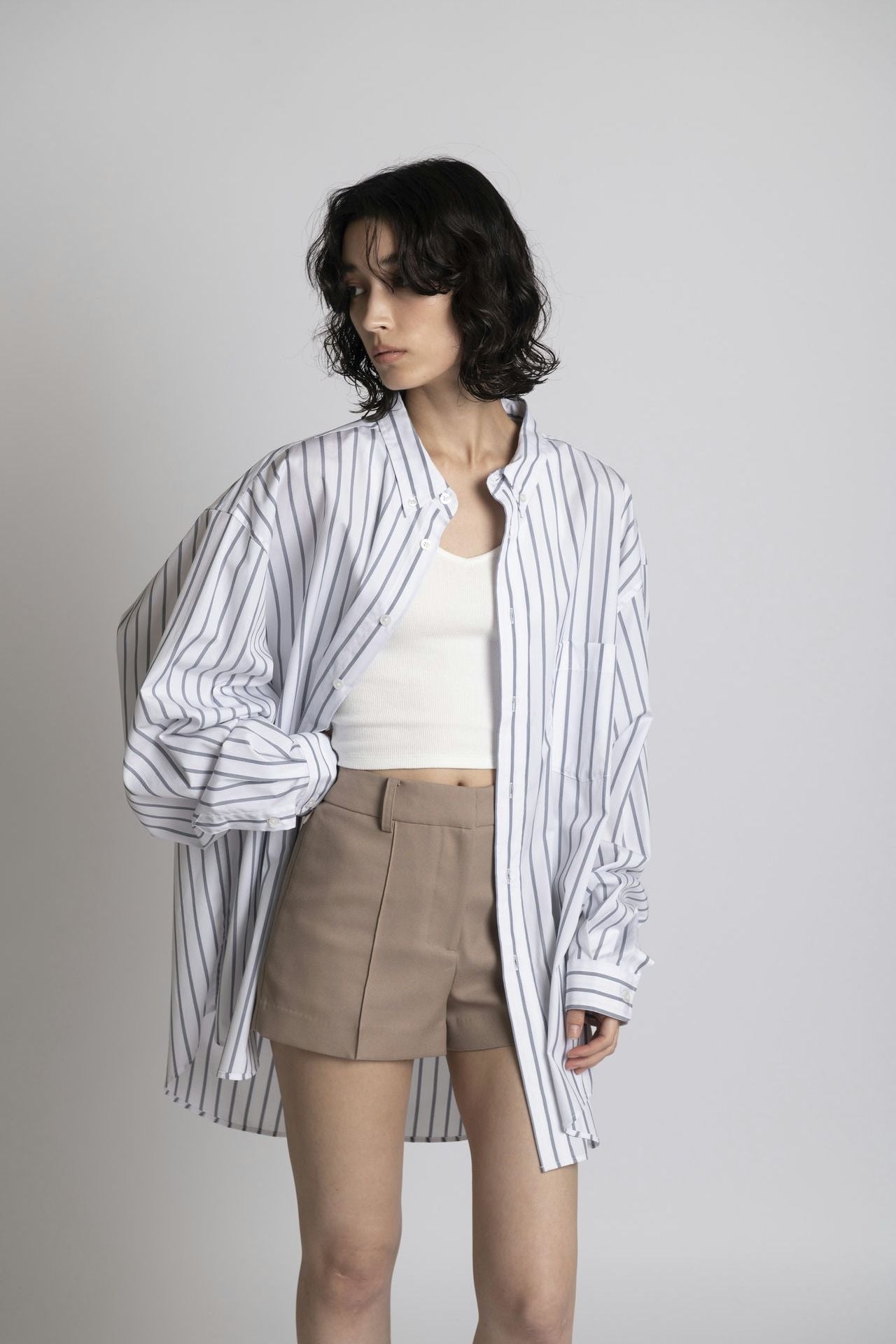 Oversized Shirt - White Stripe Model half front 1
