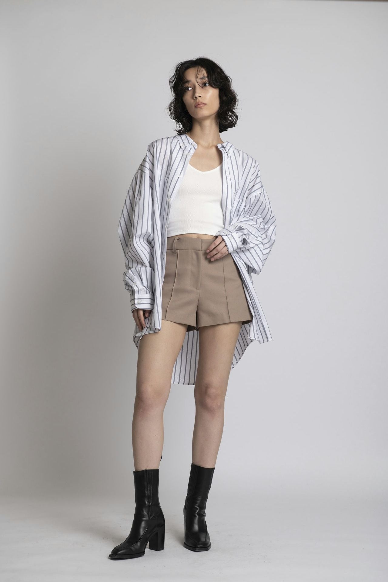 Oversized Shirt - White Stripe Model full front