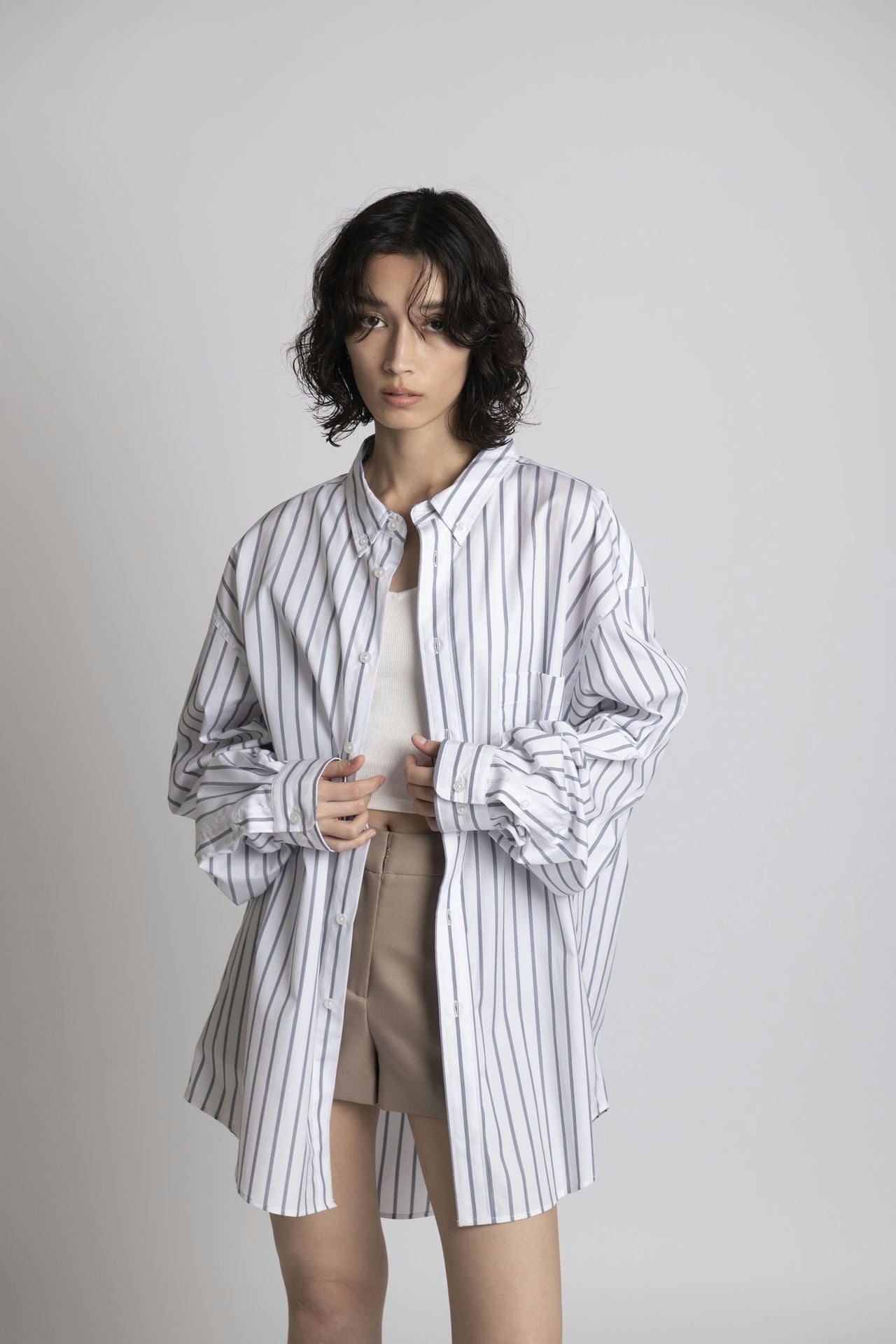 Oversized Shirt - White Stripe Model half front