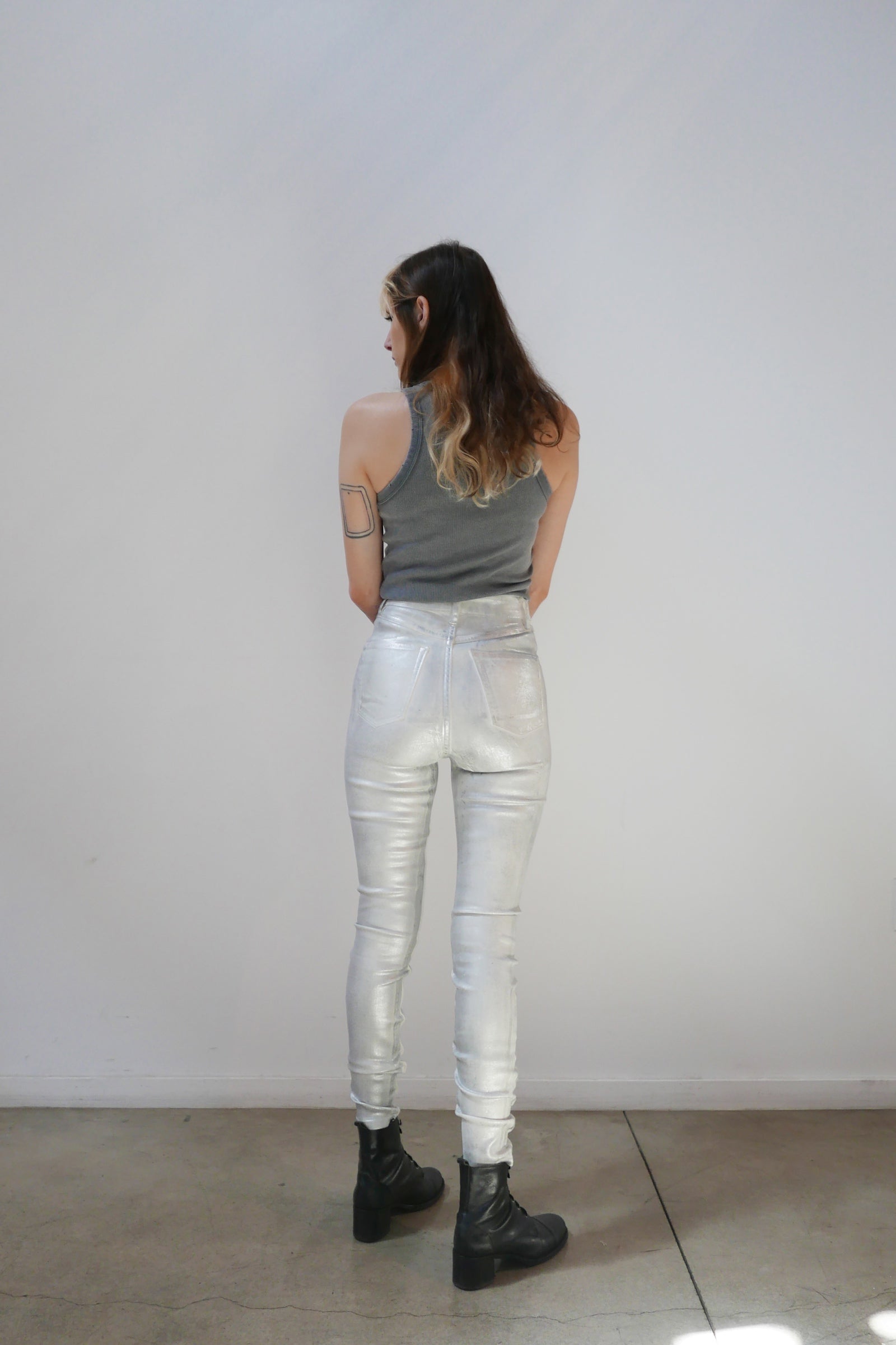 Coated High Rise Skinny - Metallic Icy Grey Model full back