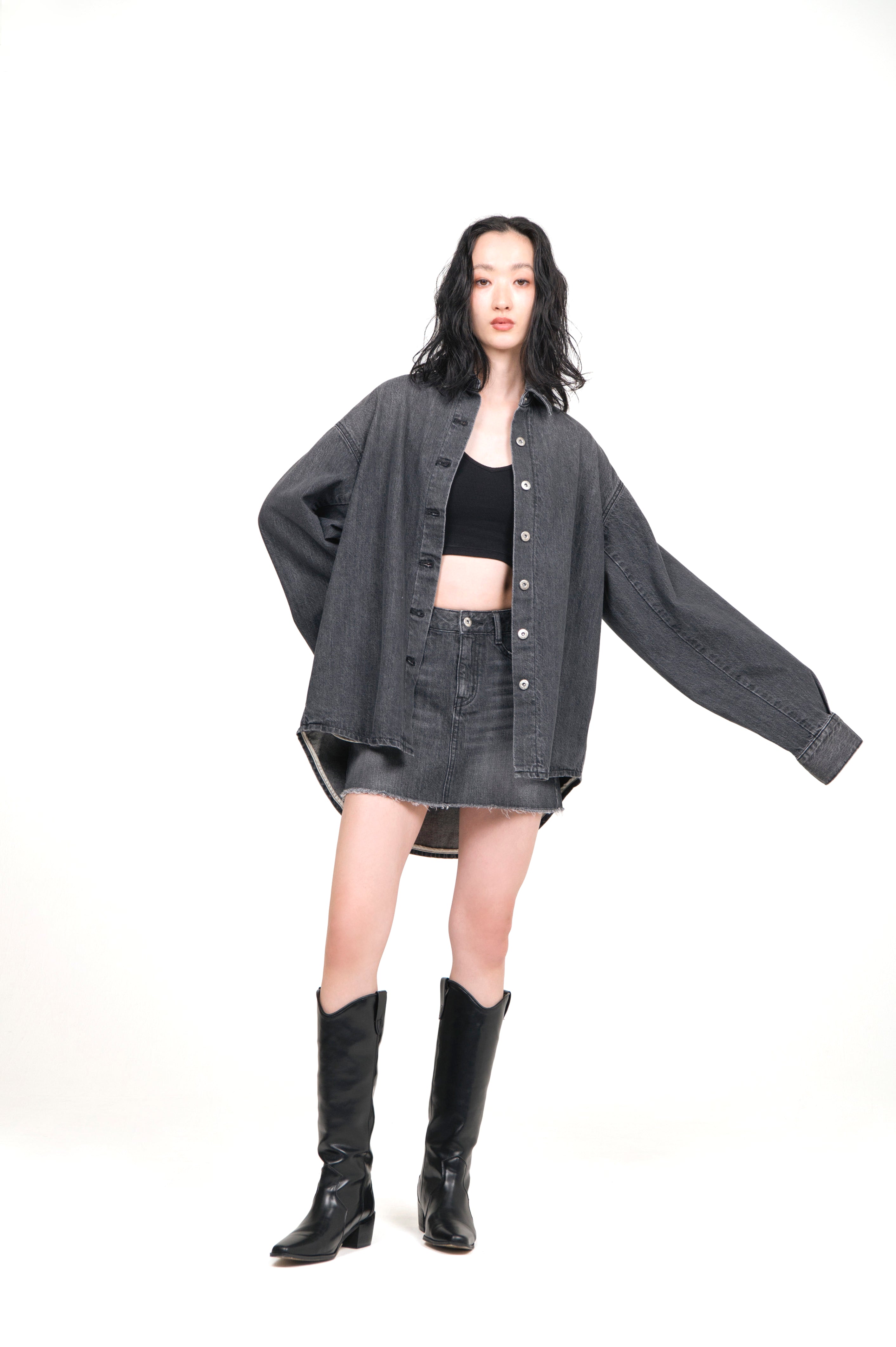 Oversized Denim Shirt Jacket Gray