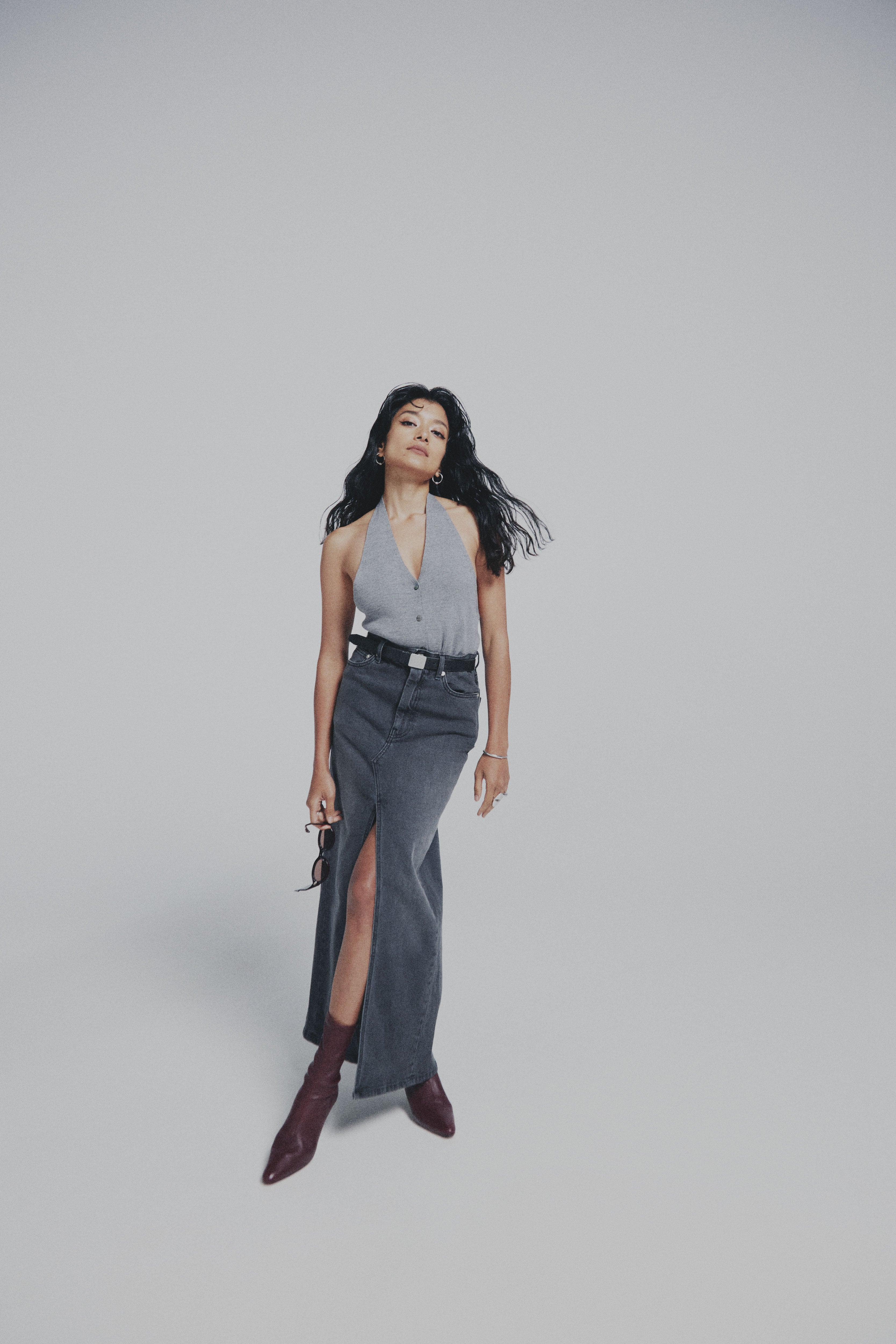 Stretch Denim Maxi Skirt Charcoal