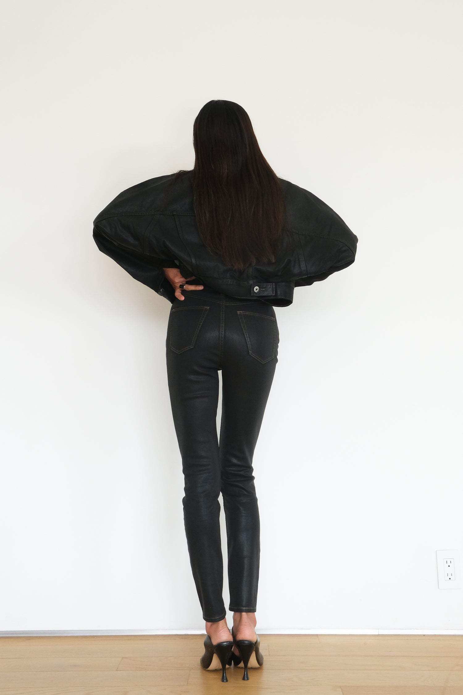 Coated Dolman Sleeve Jacket Black Model Rear view