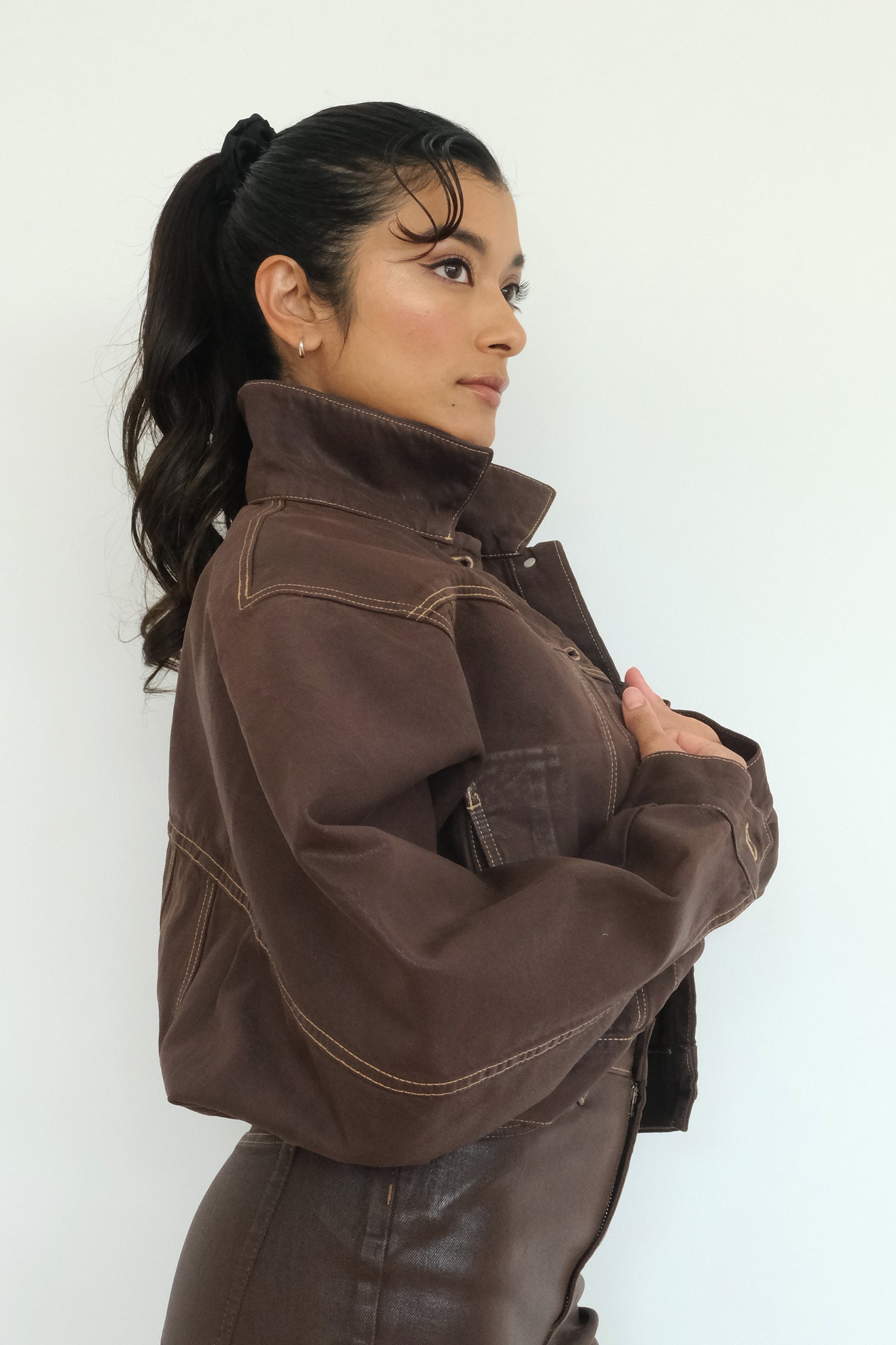 Coated Dolman Sleeve Jacket Dark Brown side view close up